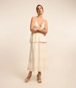 Vestido Midi em Algodão Bordado com Textura com Saia Sobreposta