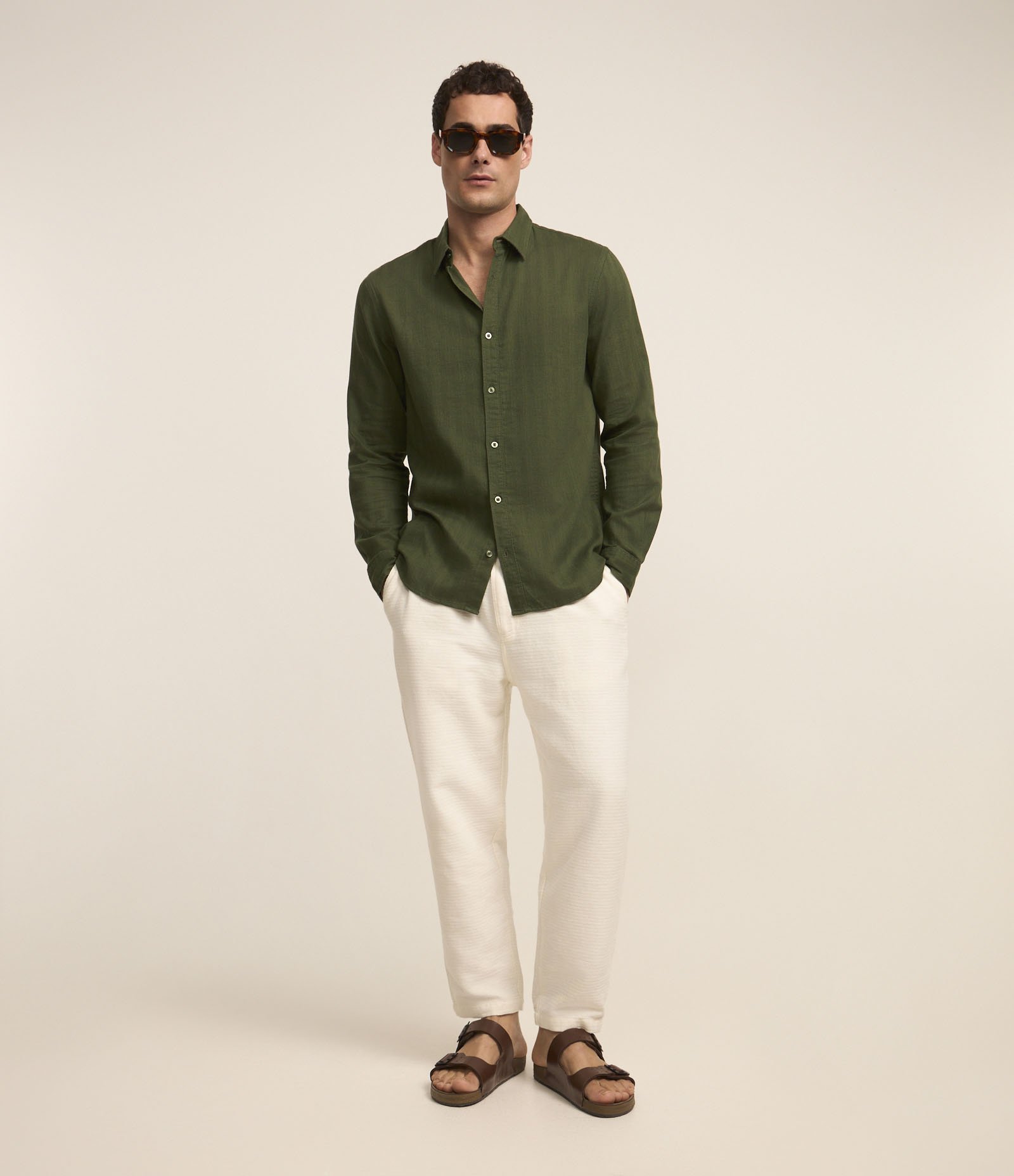 Camisa em Algodão com Textura em Listras Verticais Verde 2