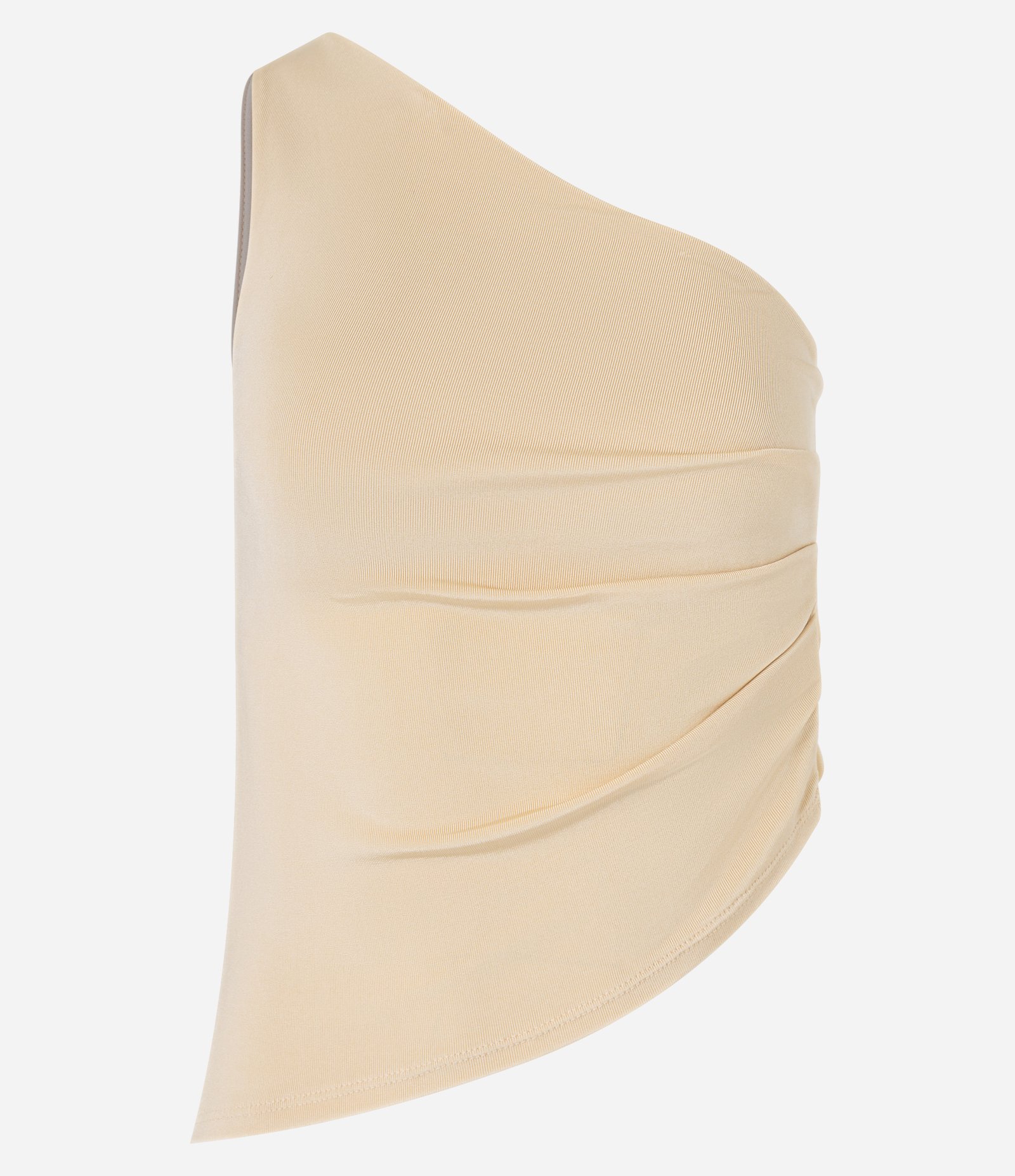 Blusa Ombro Só com Barra Assimétrica e Franzidos Bege 5