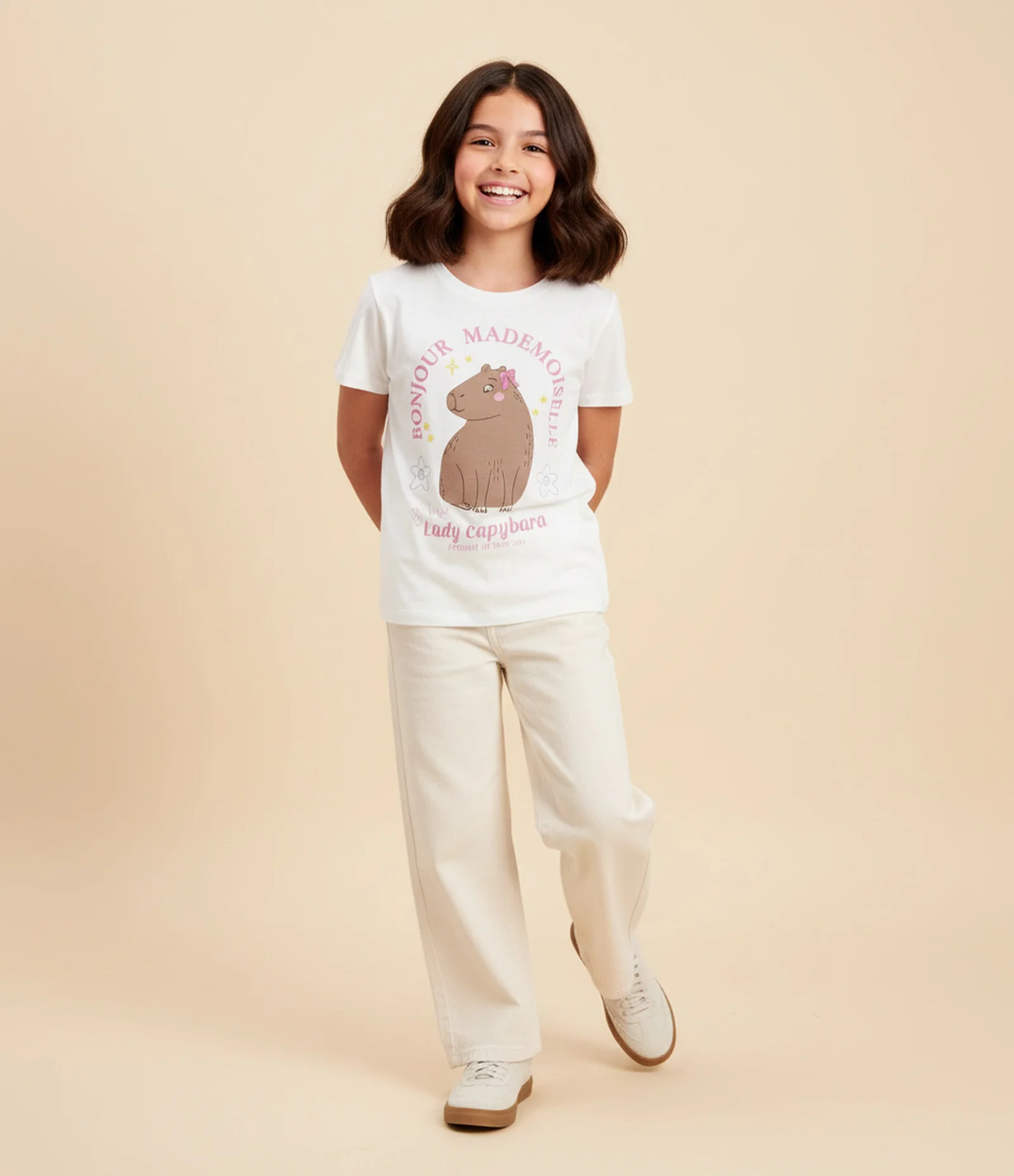 Camiseta Evasê Infantil em Algodão Estampa Capivara Lady - Tam 5 a 14 anos Branco 1