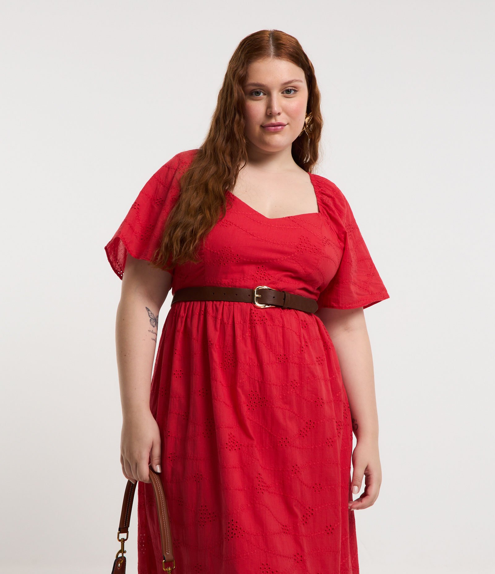 Vestido Midi em Laise com Manga Bufante Curve & Plus Size Vermelho 3