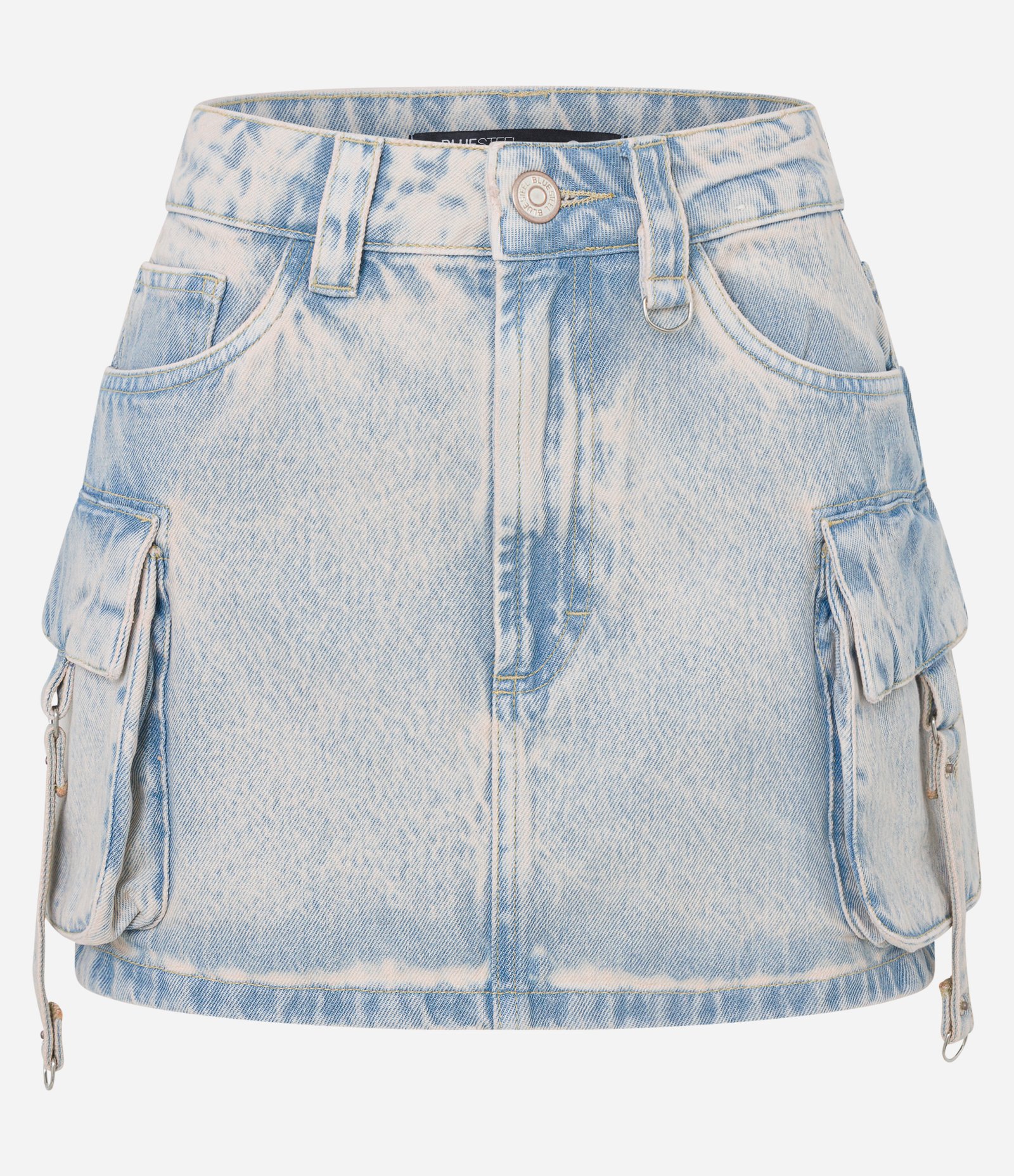 Saia Curta em Jeans Dirty Washed com Bolsos Cargo Afivelados Azul 5