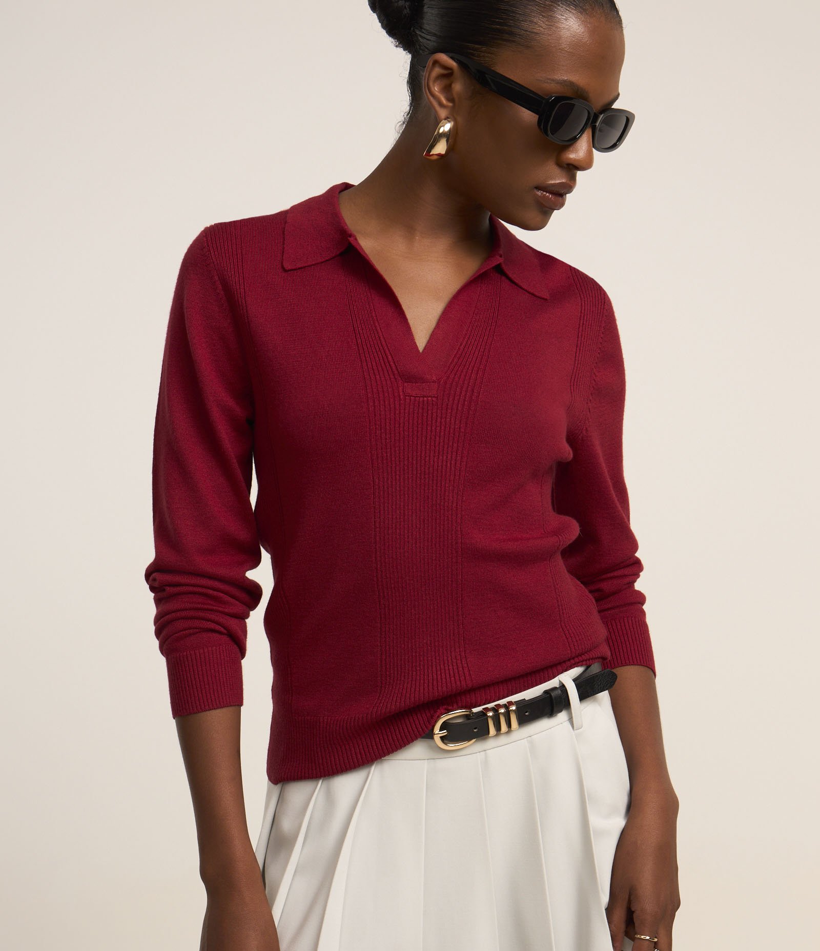 Blusa Manga Longa em Tricot com Gola Polo Vermelho 1