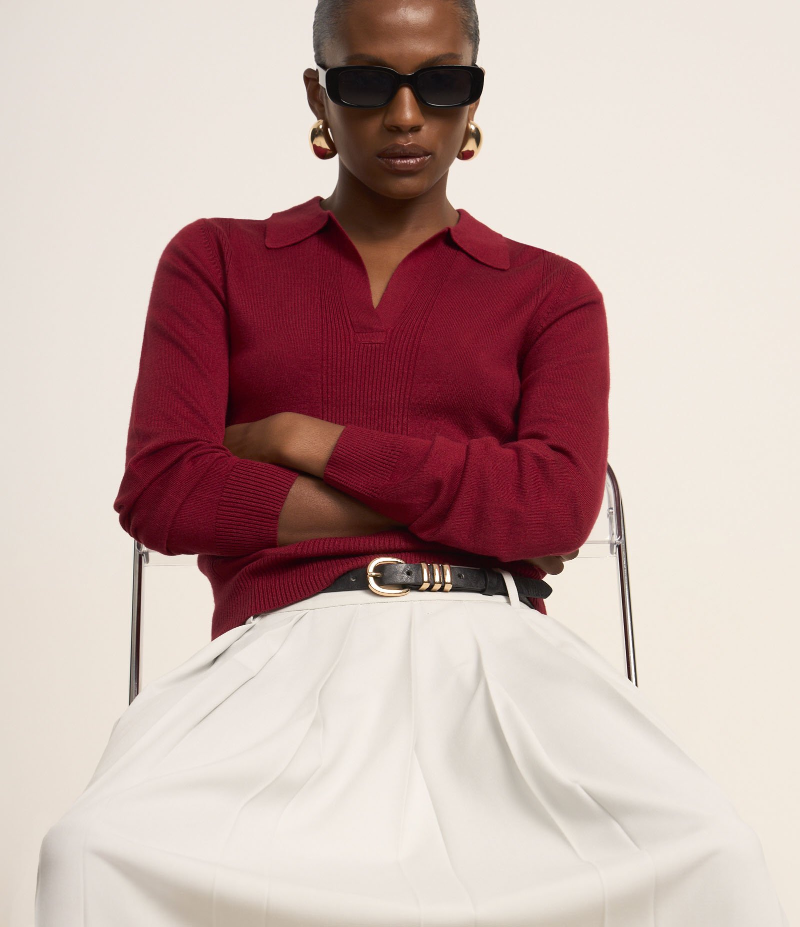 Blusa Manga Longa em Tricot com Gola Polo Vermelho 5