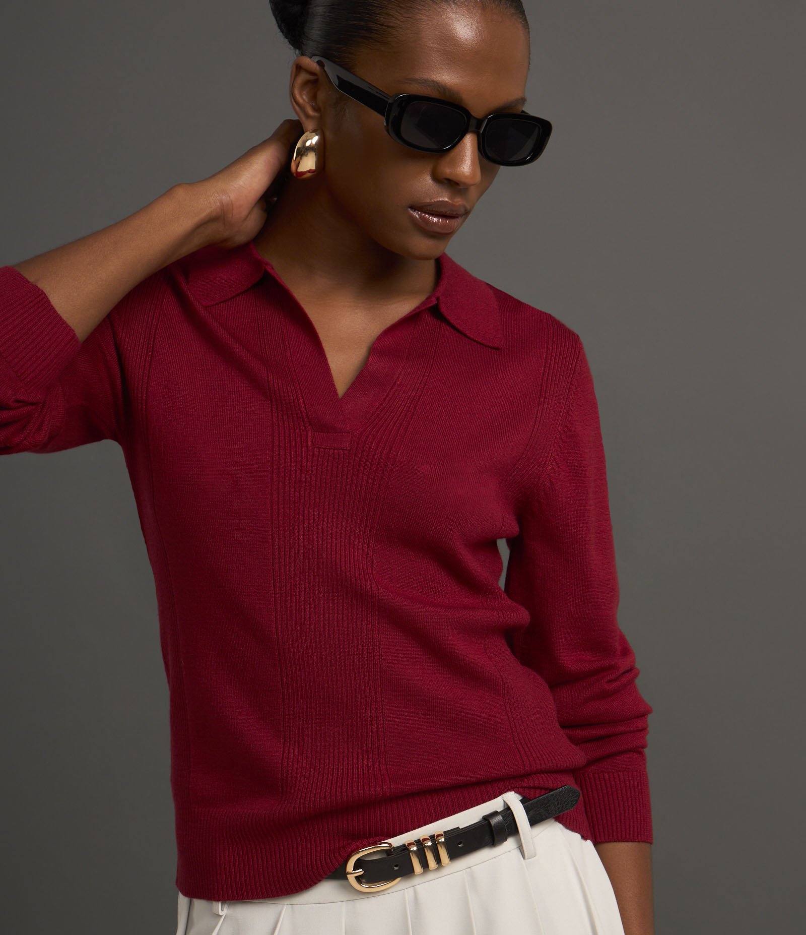 Blusa Manga Longa em Tricot com Gola Polo Vermelho 6