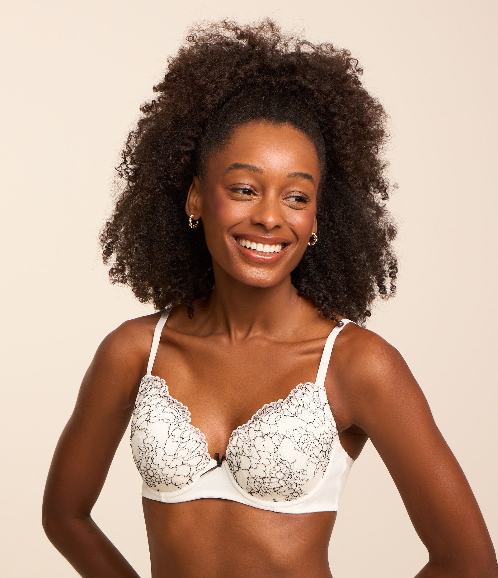 Sutiã Base com Bojo Oco em Renda Branco/Preto 1