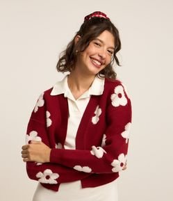 Cardigan Cropped em Jacquard com Florzinhas Atoalhadas