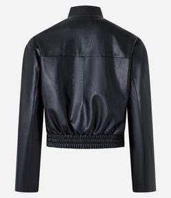 Jaqueta em PU com Bolsos Lapela e Abotoamento