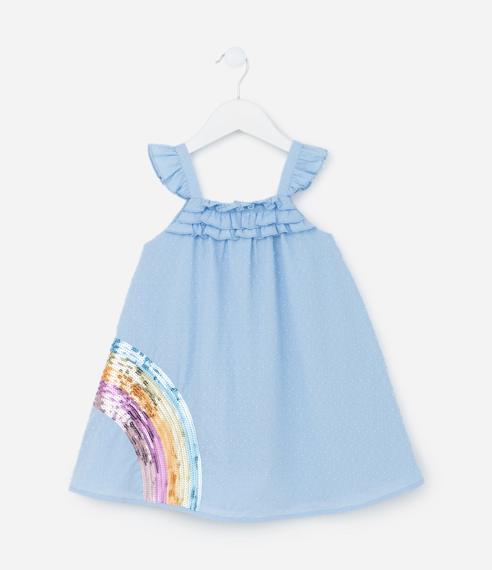 Vestido Infantil em Tricoline com Bordado de Arco Iris em Paetê - Tam 1 a 5 Anos Azul 1