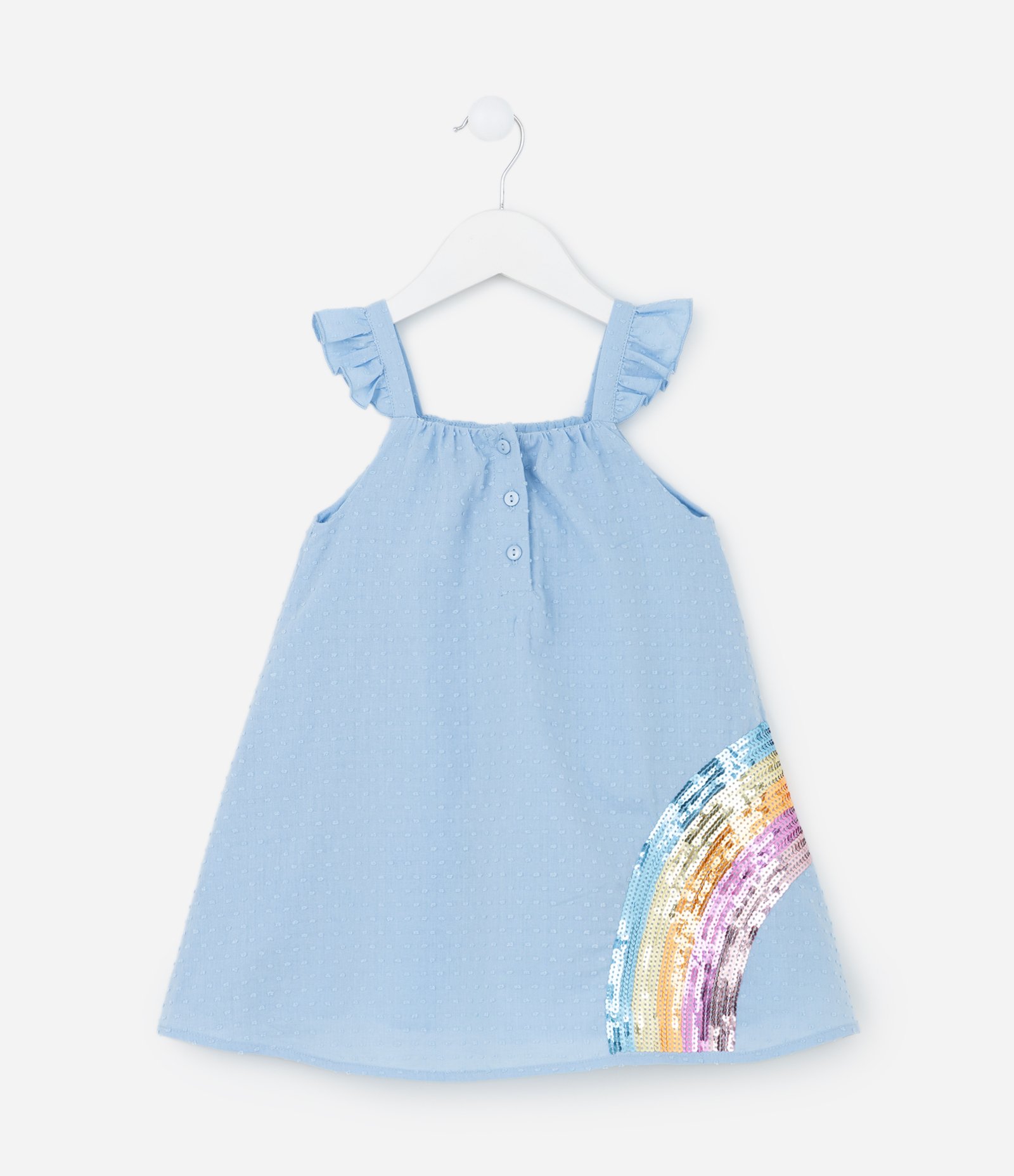 Vestido Infantil em Tricoline com Bordado de Arco Iris em Paetê - Tam 1 a 5 Anos Azul 2