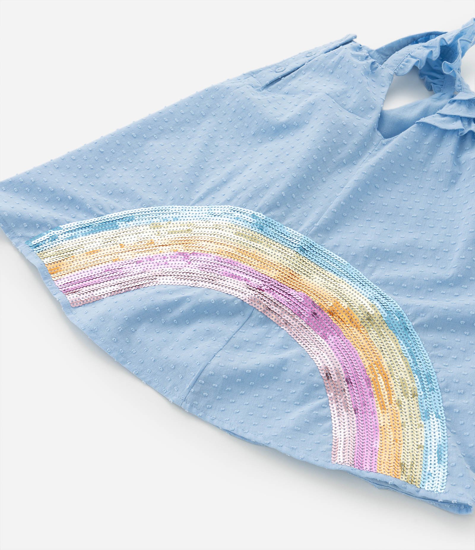 Vestido Infantil em Tricoline com Bordado de Arco Iris em Paetê - Tam 1 a 5 Anos Azul 4