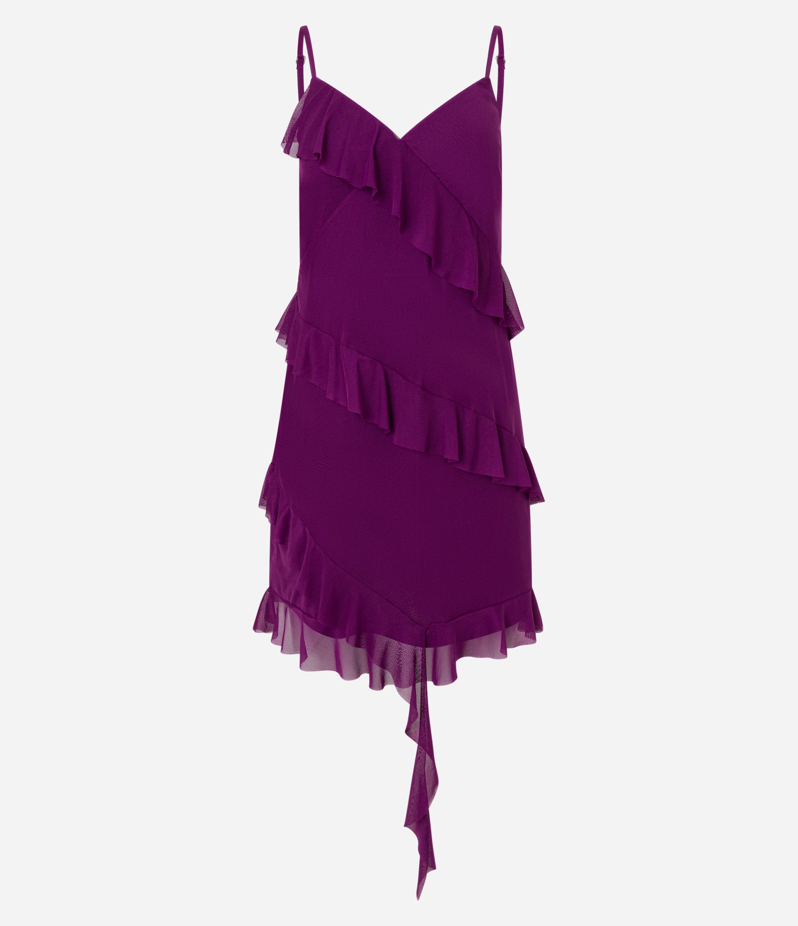 Vestido Curto em Tule com Babados em Espiral Roxo Vinho 4