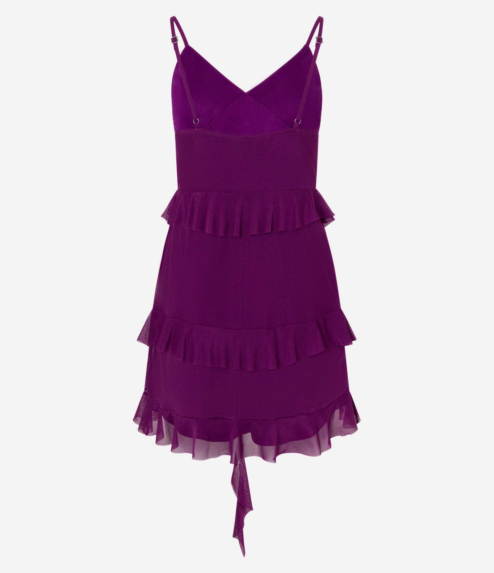 Vestido Curto em Tule com Babados em Espiral Roxo Vinho 5