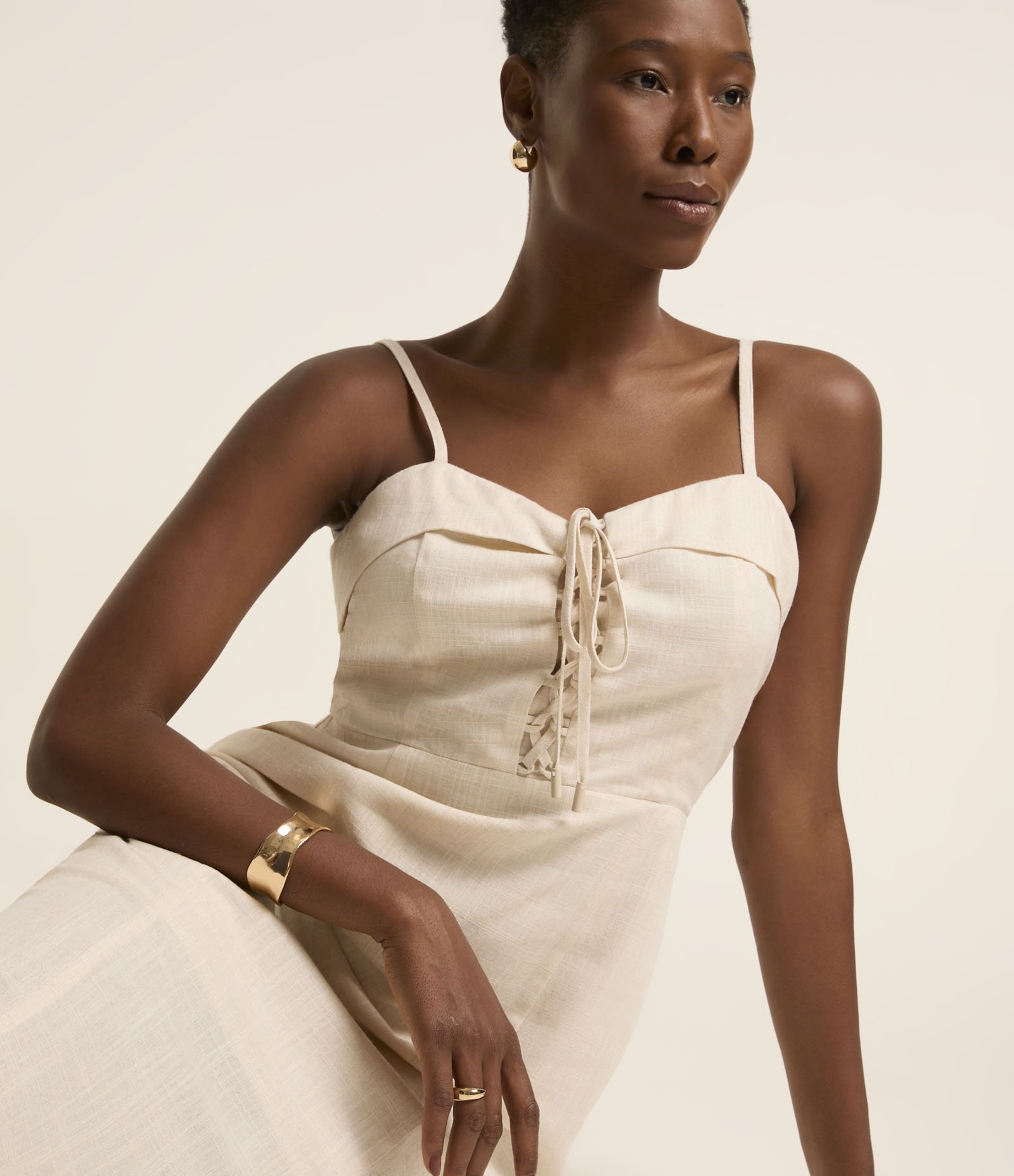 Vestido Reto Midi em Viscolinho com Decote Coração Dobrado Off White 5