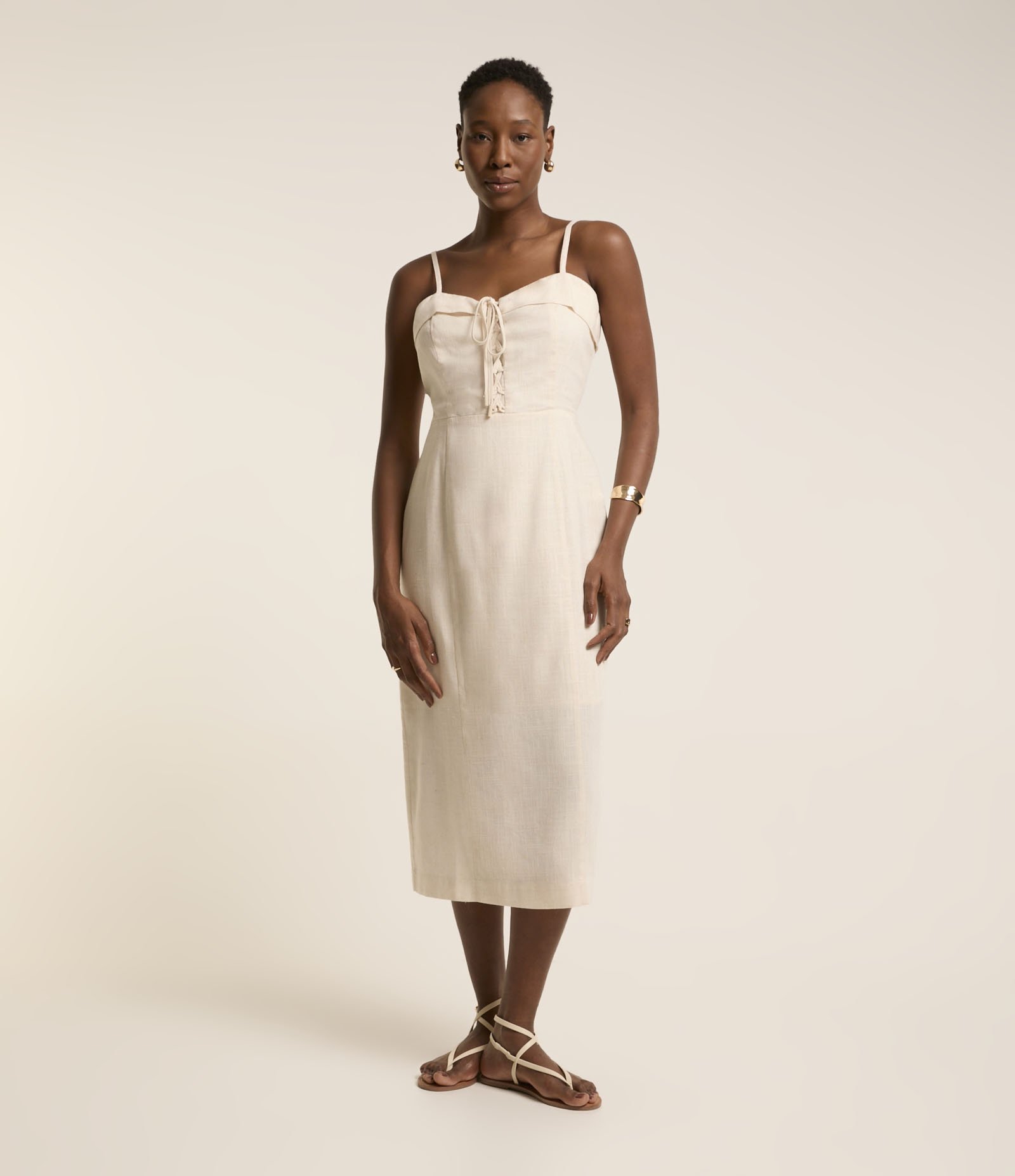 Vestido Reto Midi em Viscolinho com Decote Coração Dobrado Off White 2