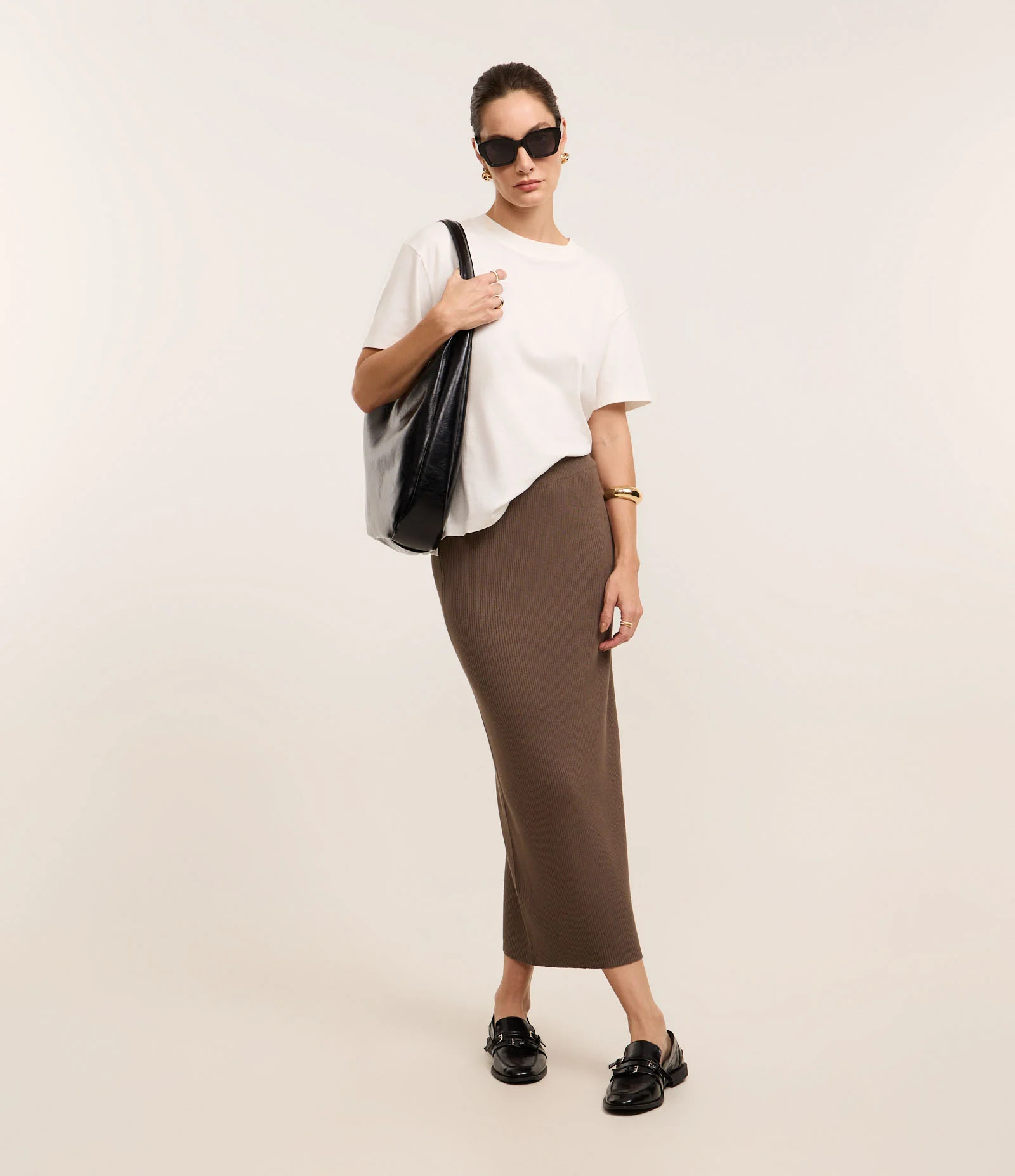 Saia Long Midi em Tricô com Textura Canelada Marrom 1