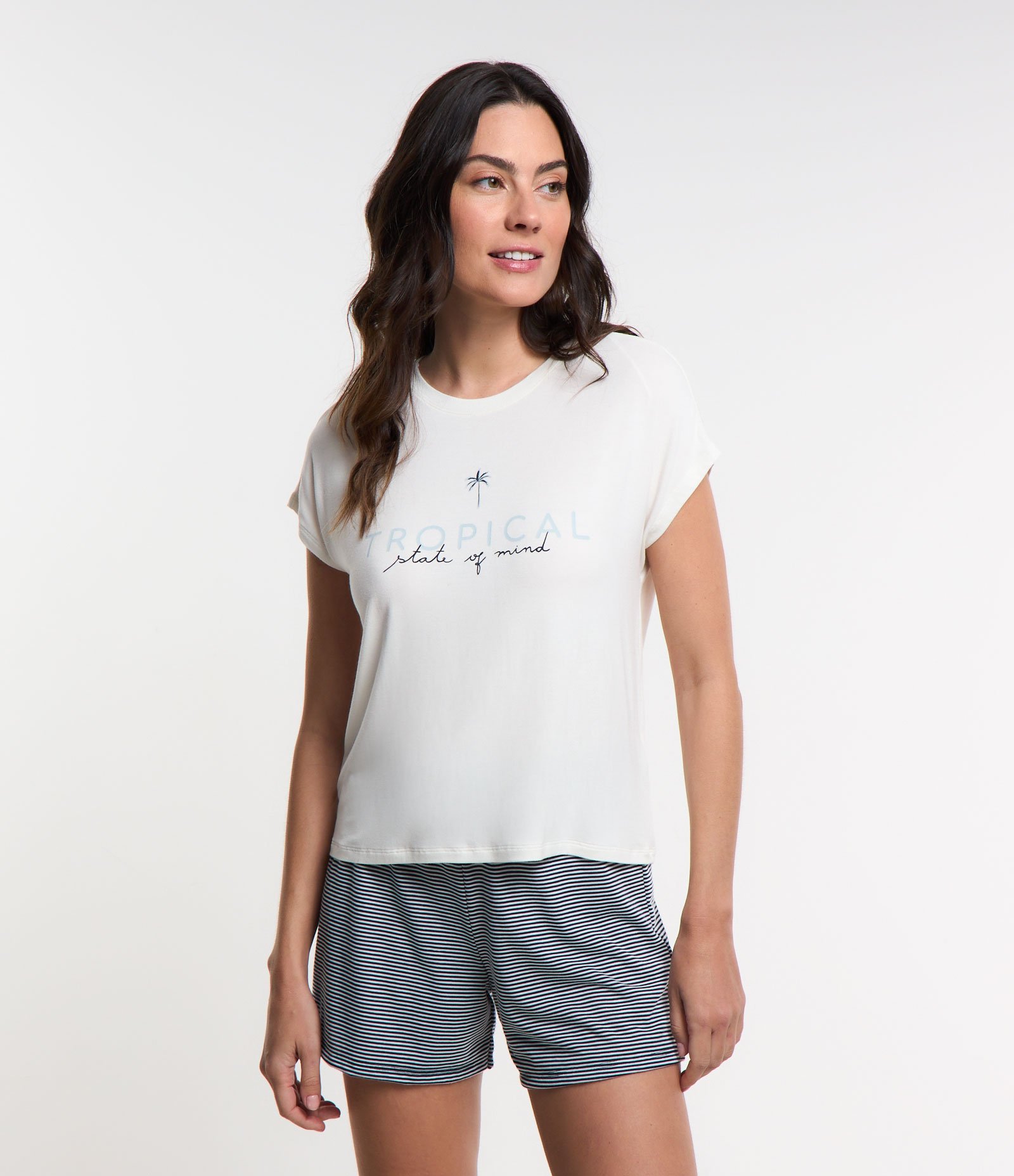 Pijama Short Doll em Viscose com Estampa de Listras Branco Neve/Azul 1