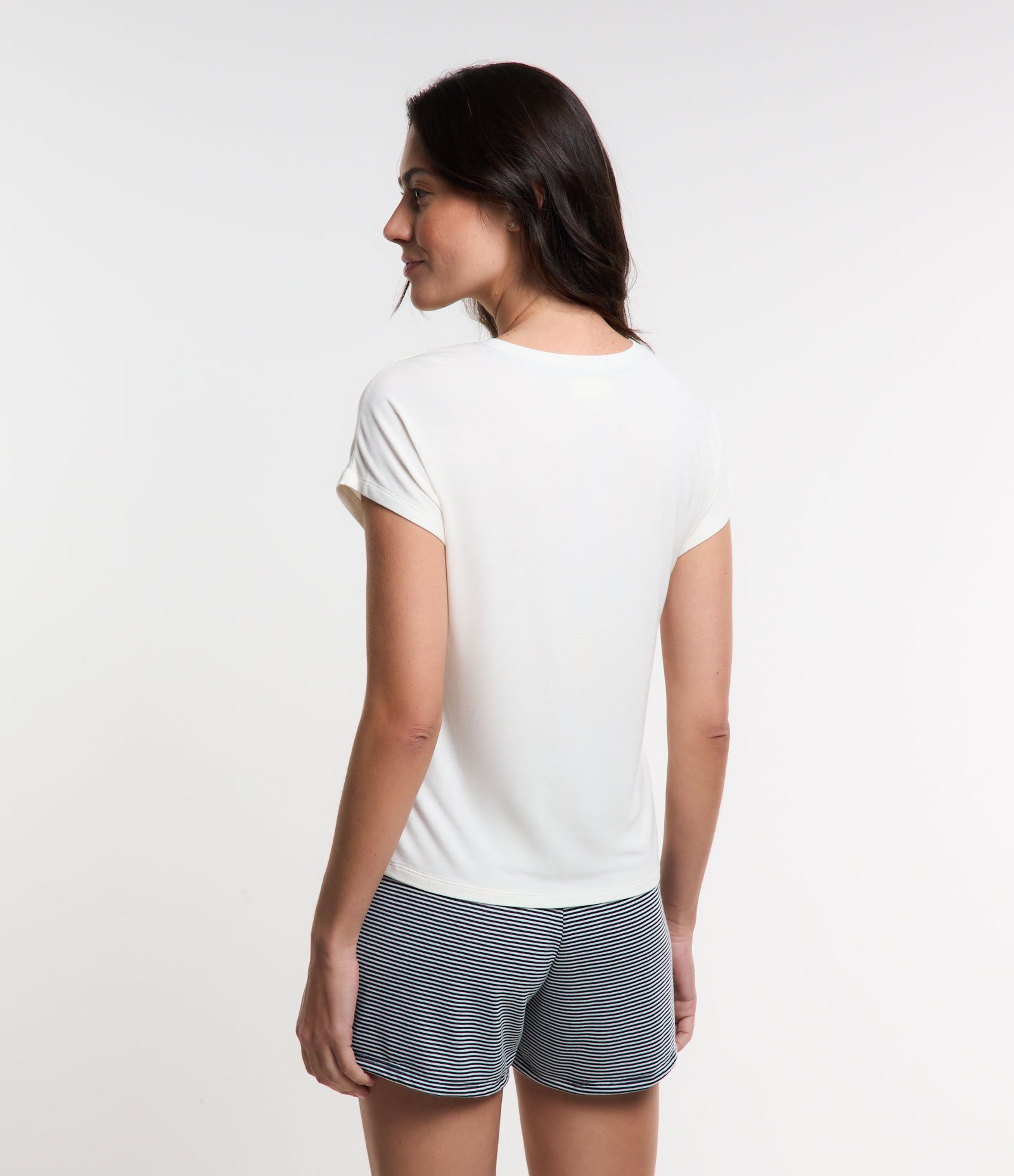 Pijama Short Doll em Viscose com Estampa de Listras Branco Neve/Azul 2