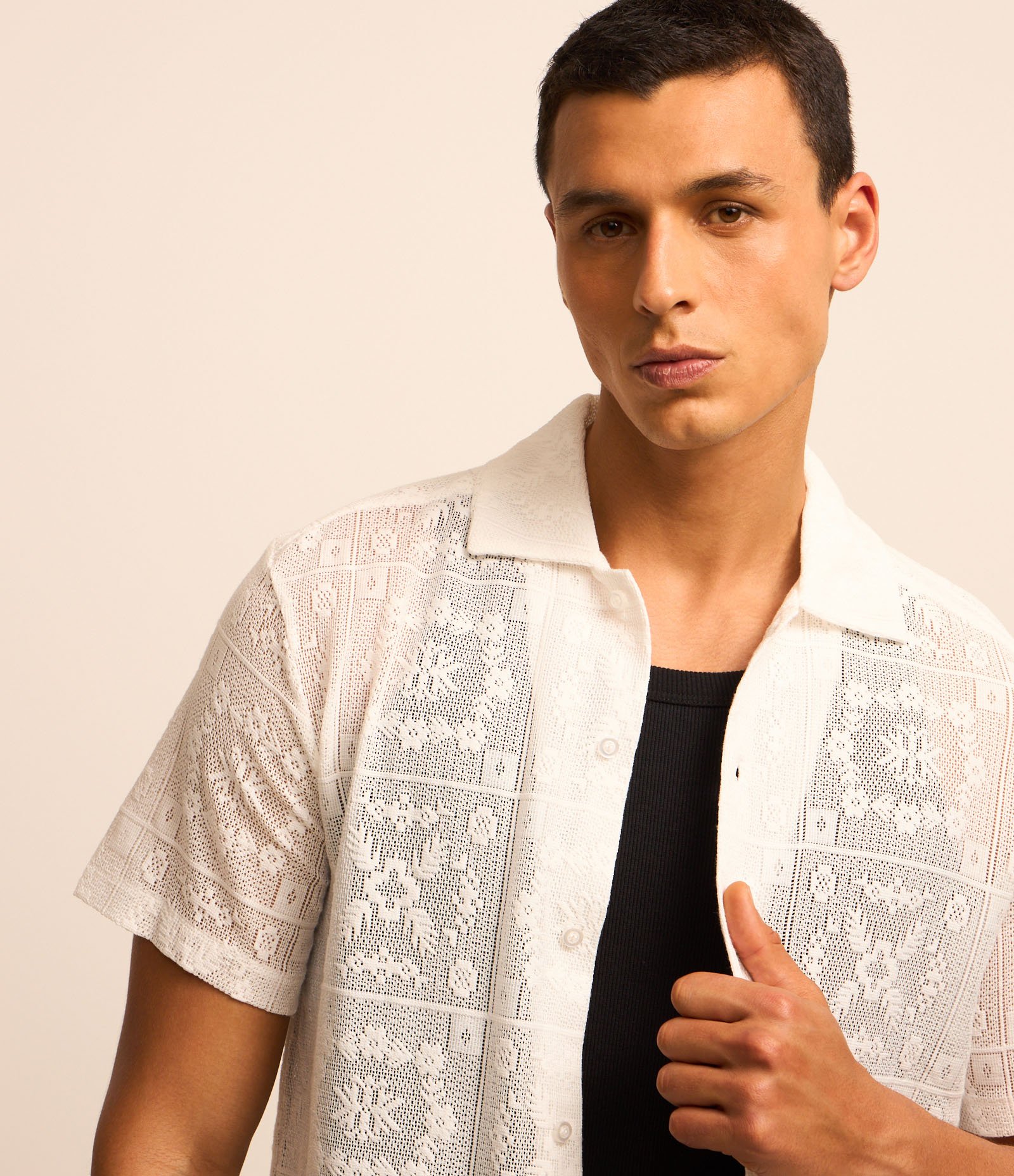 Camisa Regular em Algodão com Textura Rendada Branco 3