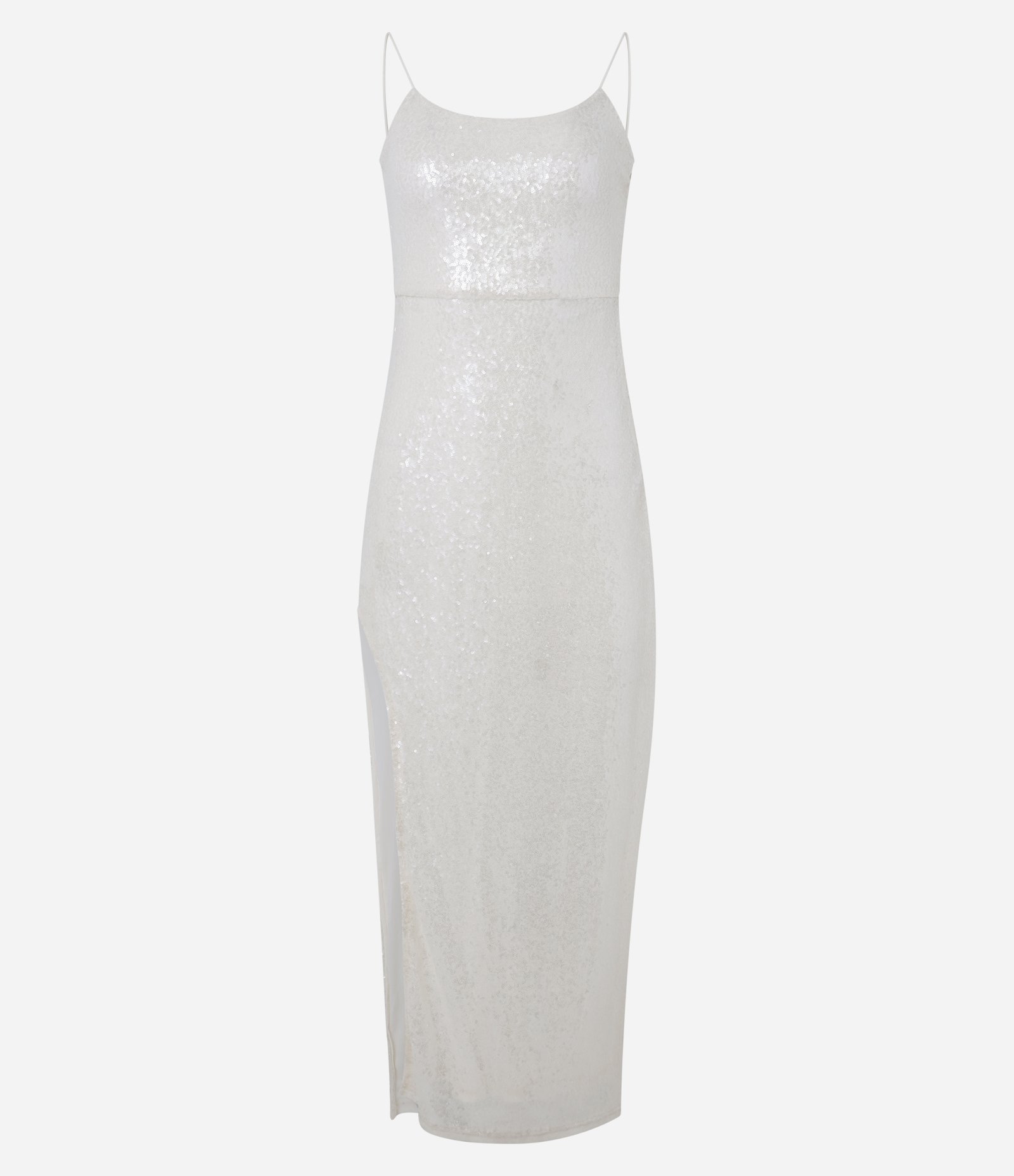 Vestido Longo em Paetê com Transparência e Fenda Off White 1