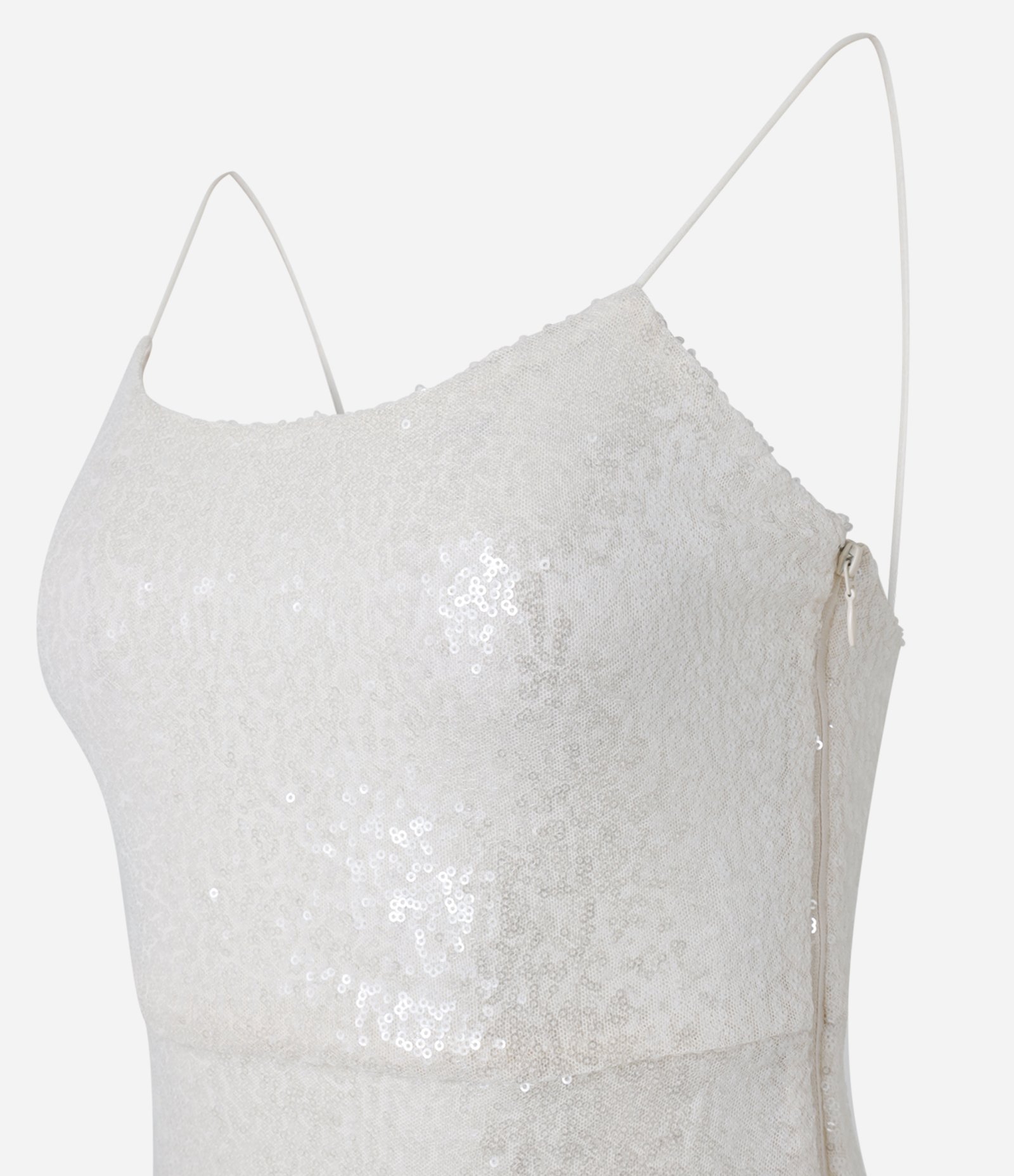 Vestido Longo em Paetê com Transparência e Fenda Off White 2