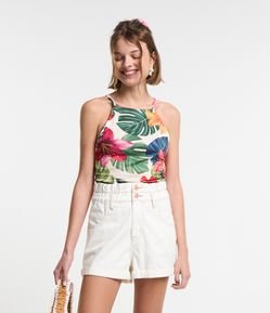 Blusa de Alça Cropped com Estampa Tropical