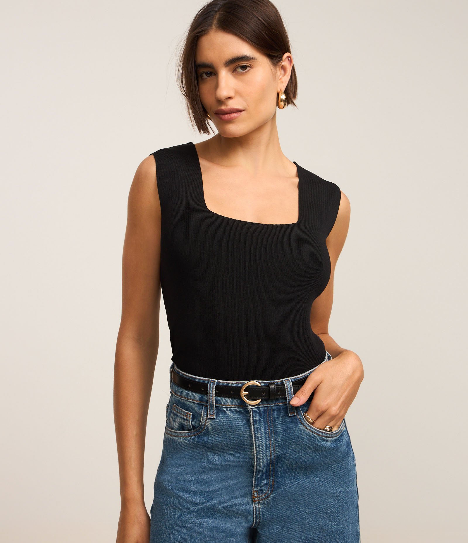 Blusa em Tricô com Decote Quadrado e Alça Larga Preto 1