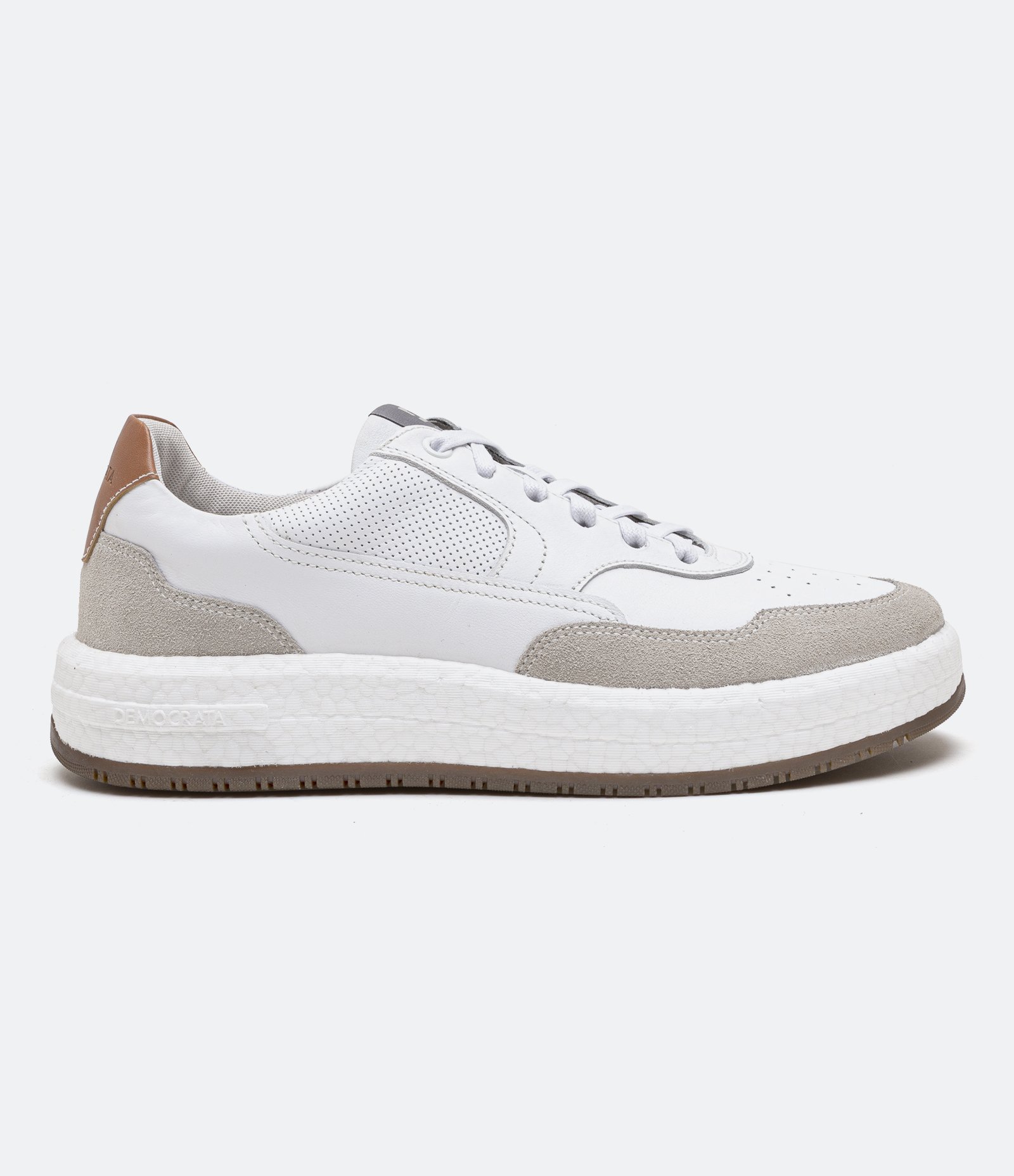 Tênis Casual em Couro com Recortes Branco e Marrom 1