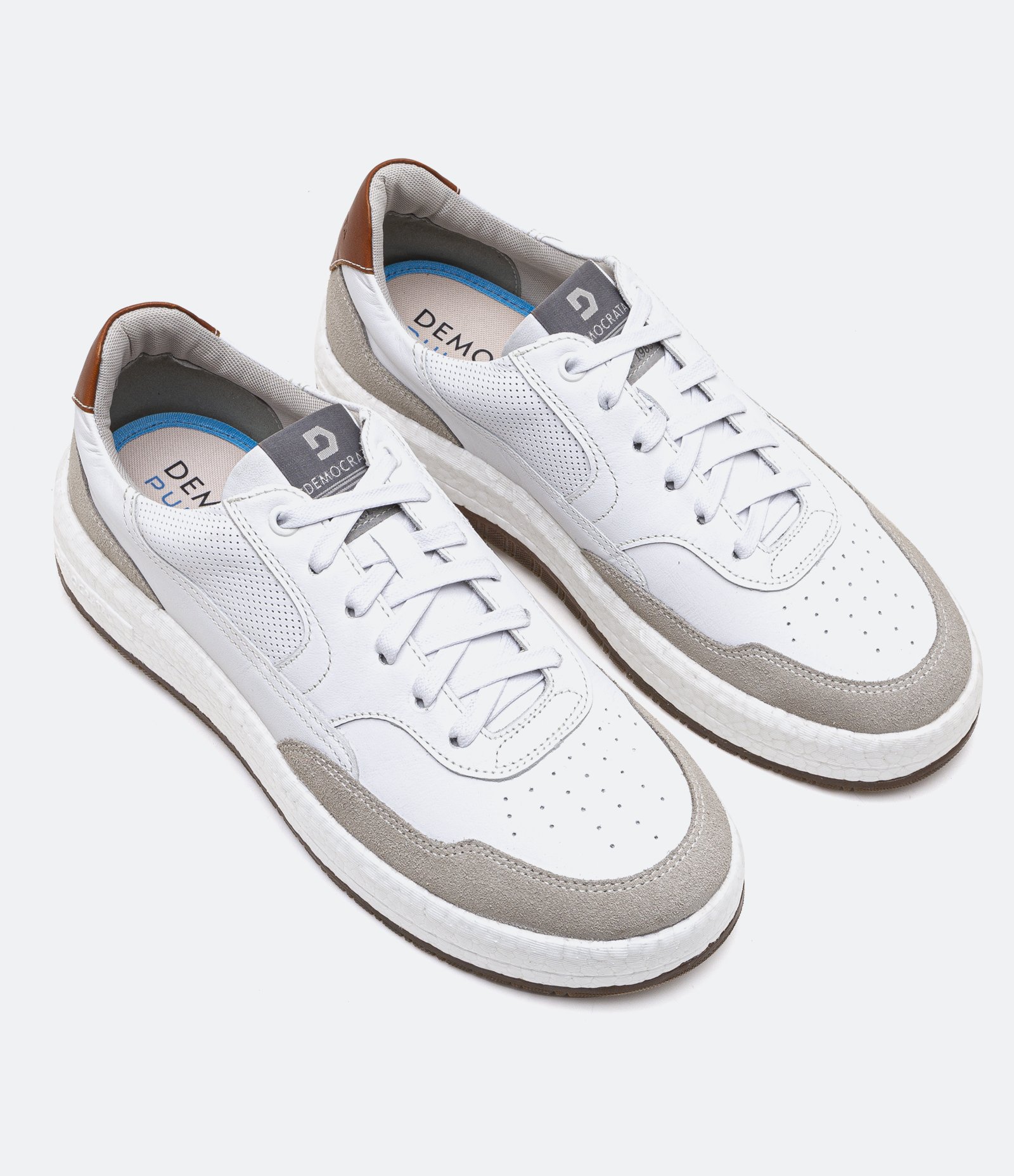 Tênis Casual em Couro com Recortes Branco e Marrom 2