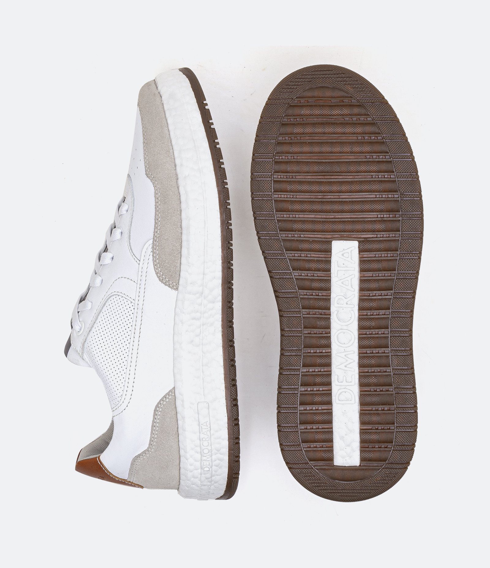 Tênis Casual em Couro com Recortes Branco e Marrom 3