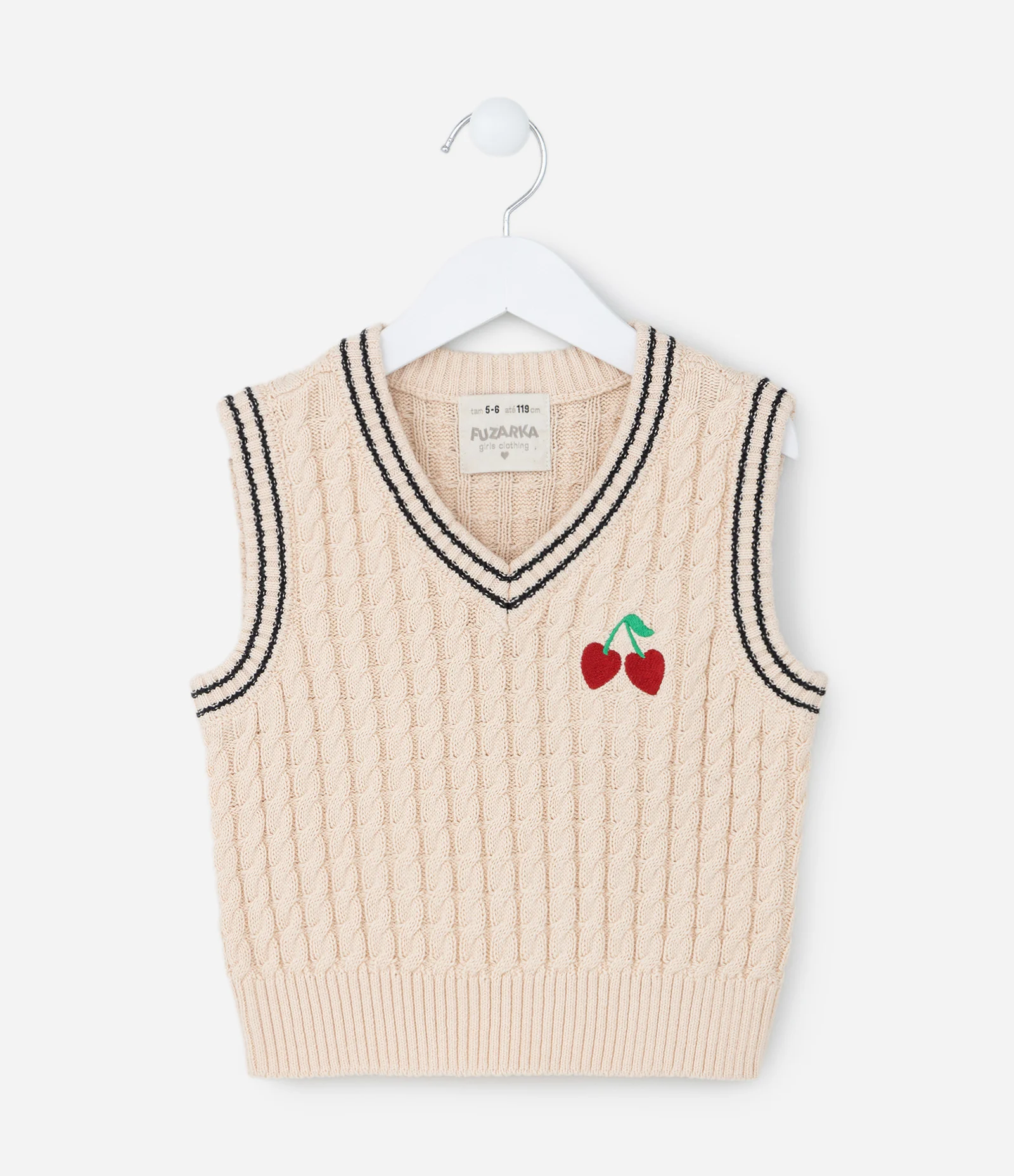 Colete Infantil em Tricô Trançado com Bordado de Cereja - Tam 5 a 14 anos Bege 1