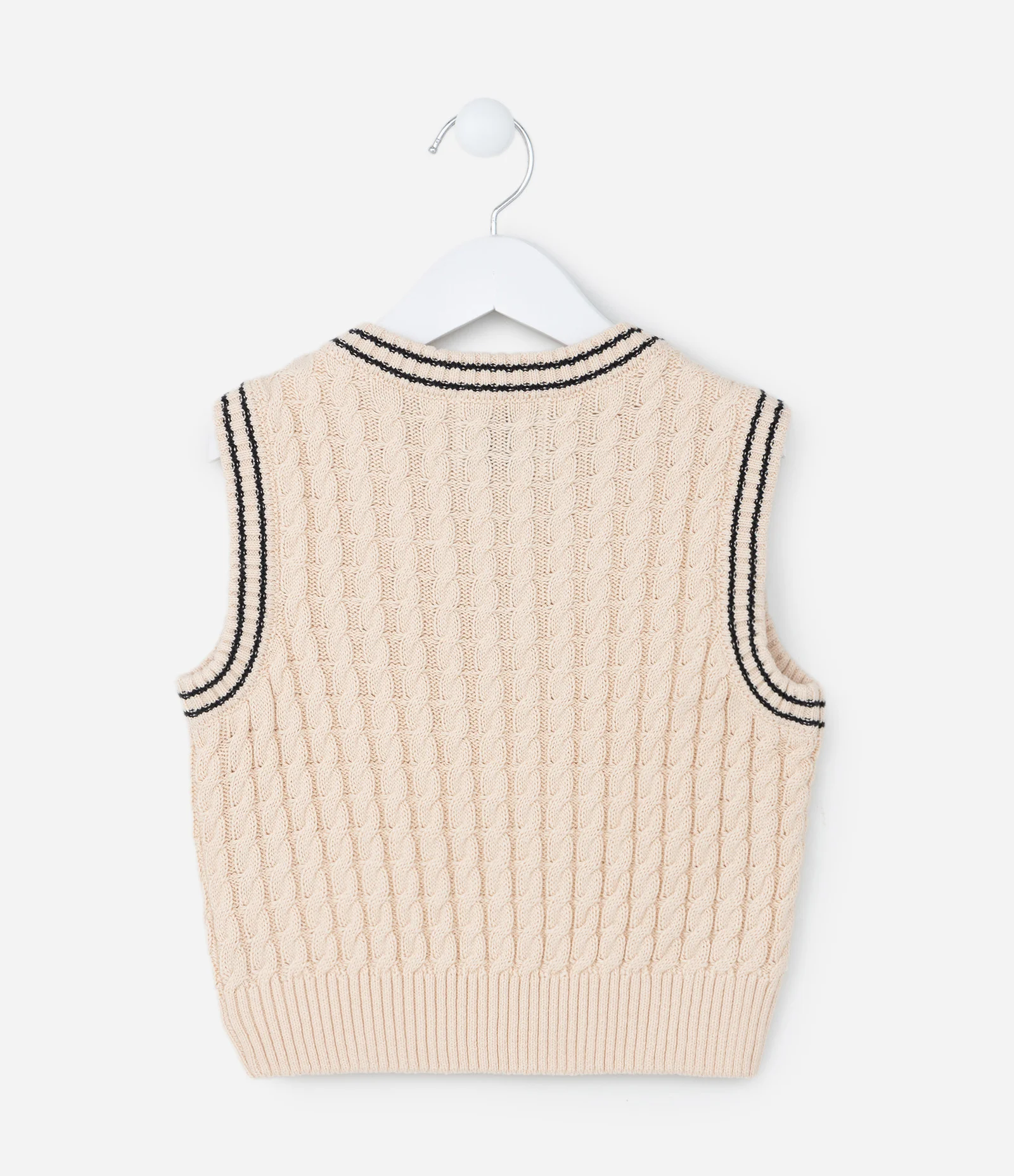 Colete Infantil em Tricô Trançado com Bordado de Cereja - Tam 5 a 14 anos Bege 2