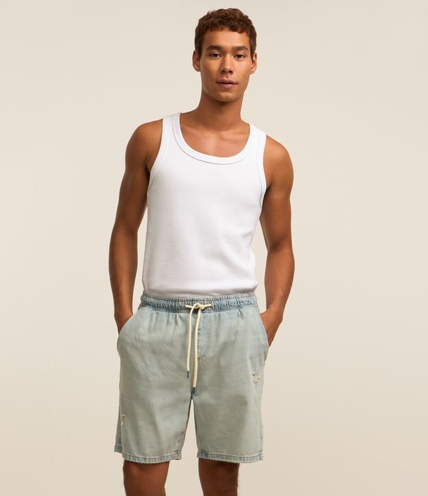 Bermuda Jeans com Cós Elástico Bolsos e Etiqueta Aplicada