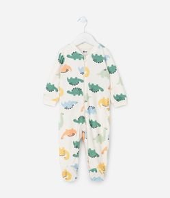 Macacão Infantil em Plush com Pé e Estampa de Dinos - Tam RN a 24 meses