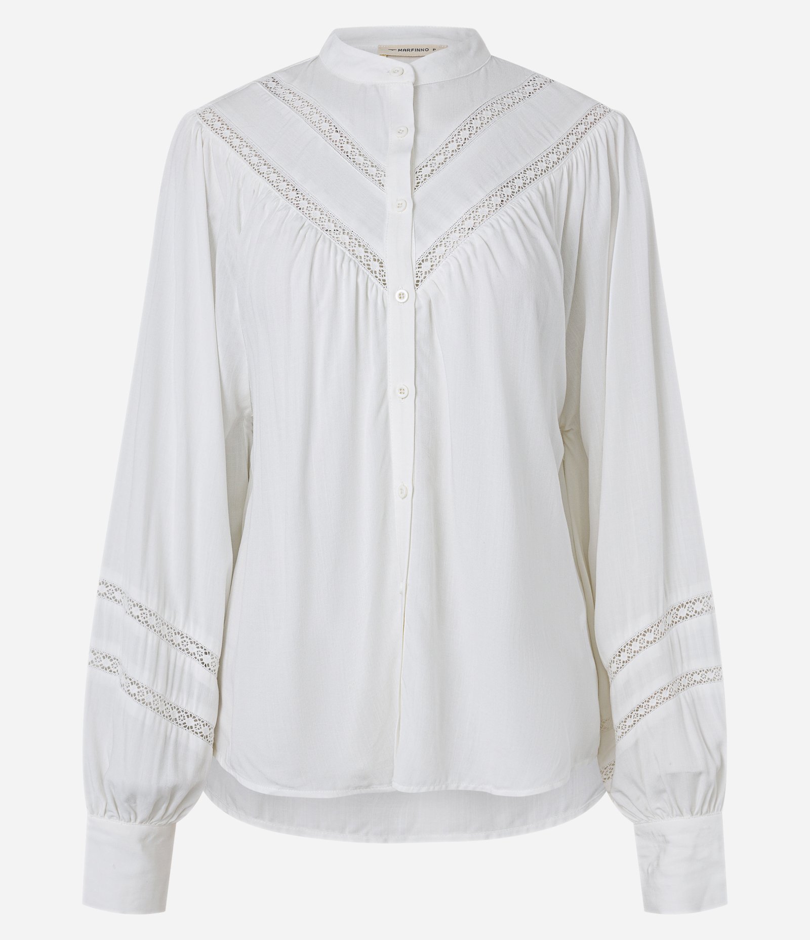 Camisa manga longa Viscose Liso gola padre com detalhes de entremeios no corpo e manga Branco 1