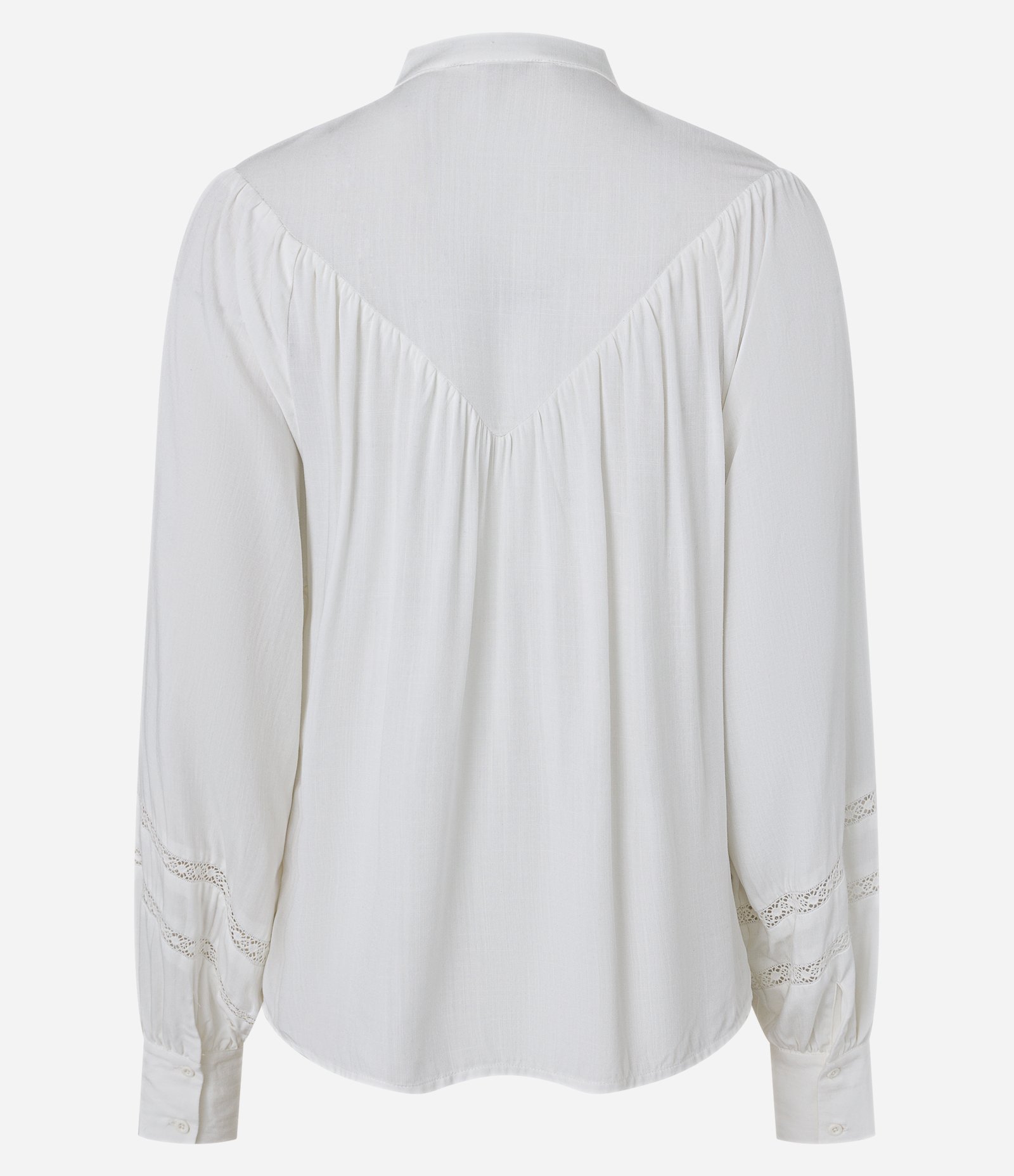 Camisa manga longa Viscose Liso gola padre com detalhes de entremeios no corpo e manga Branco 3