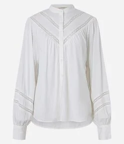 Camisa manga longa Viscose Liso gola padre com detalhes de entremeios no corpo e manga