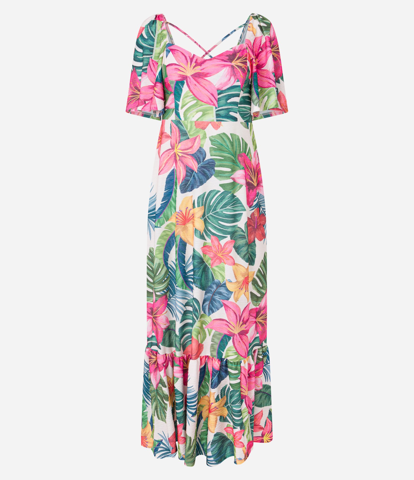 Vestido New Midi Texturizado com Estampa de Folhagens Branco 5