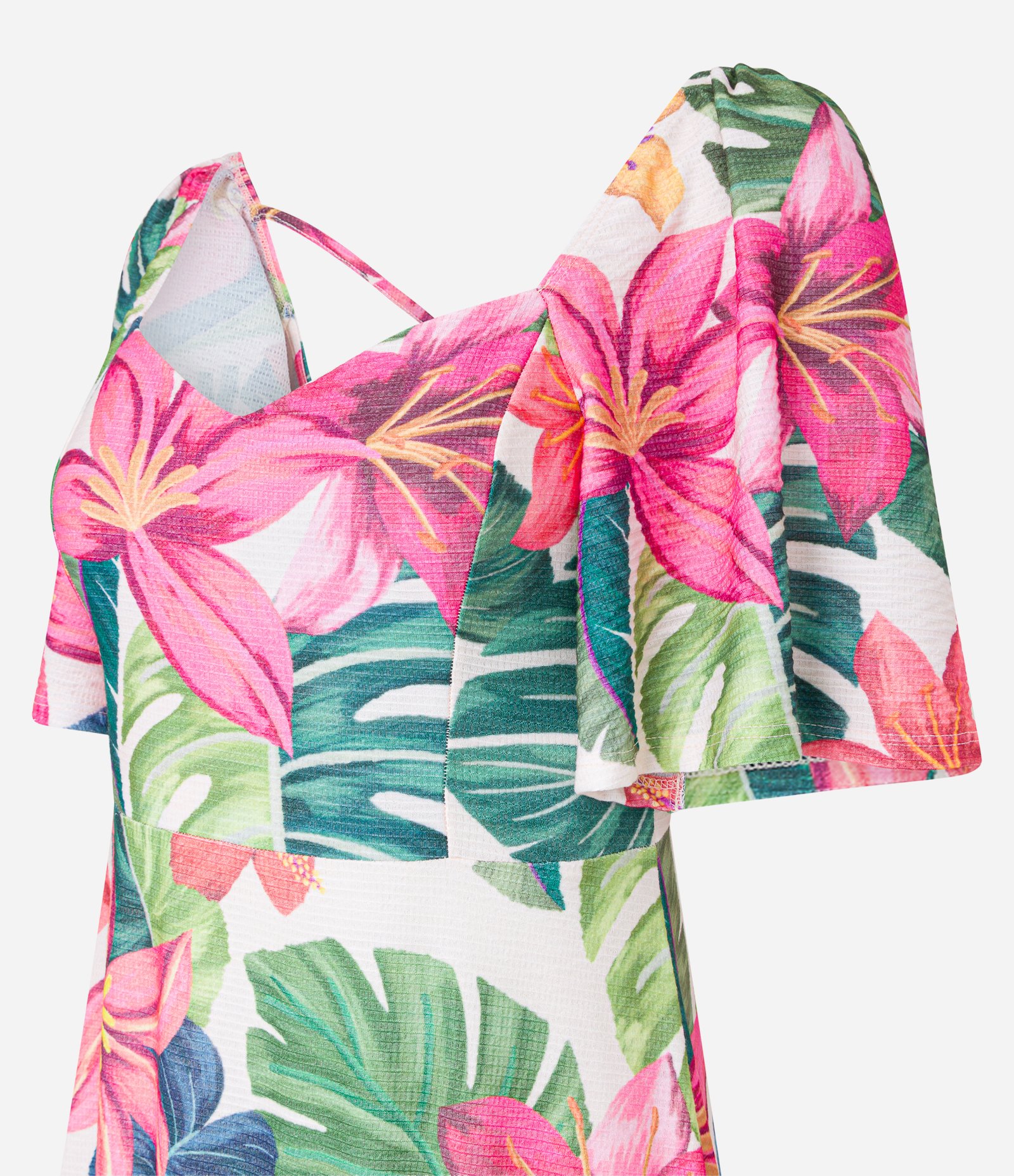 Vestido New Midi Texturizado com Estampa de Folhagens Branco 6