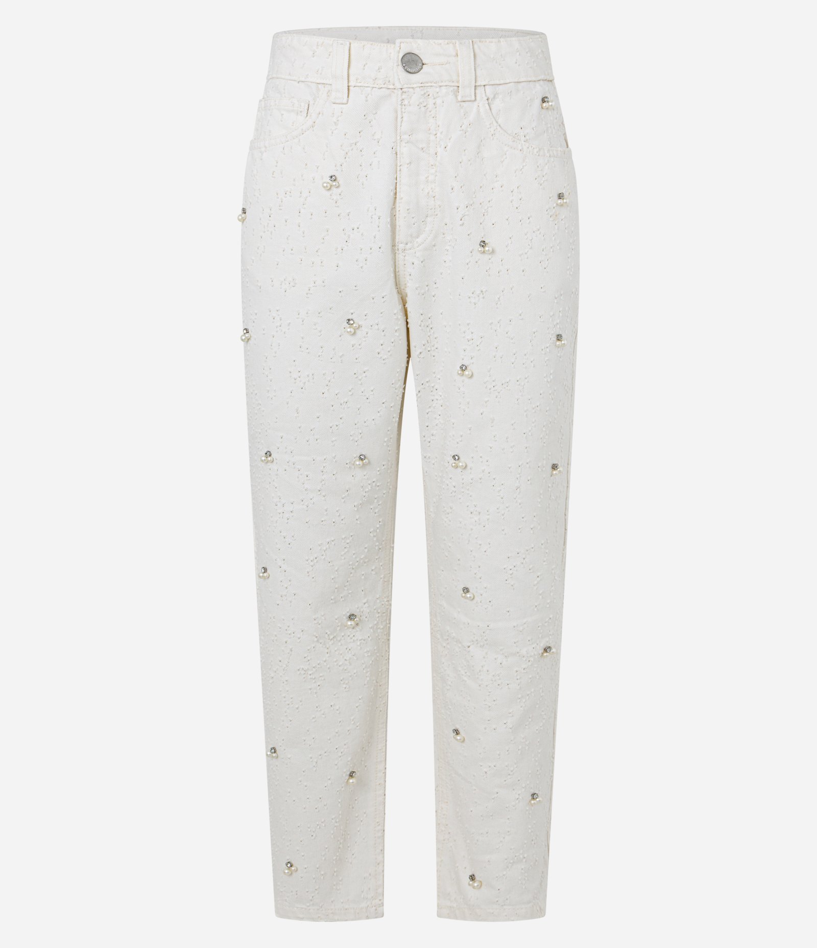 Calça Mom Comfort em Sarja com Laser e Bordado de Brilhos Branco 4