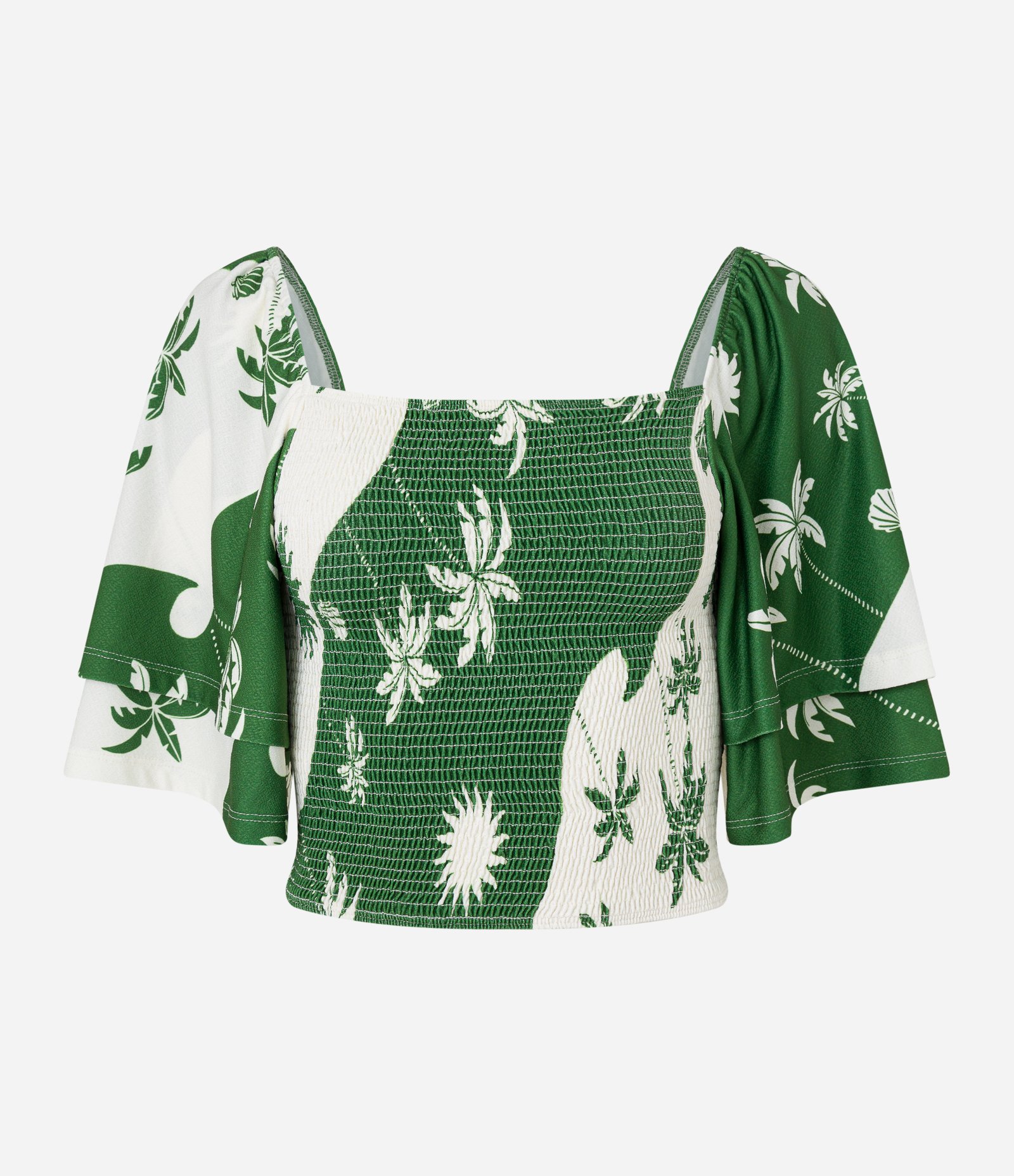 Blusa Cropped Texturizada com Lastex e Estampa Floral Branco/Verde 4