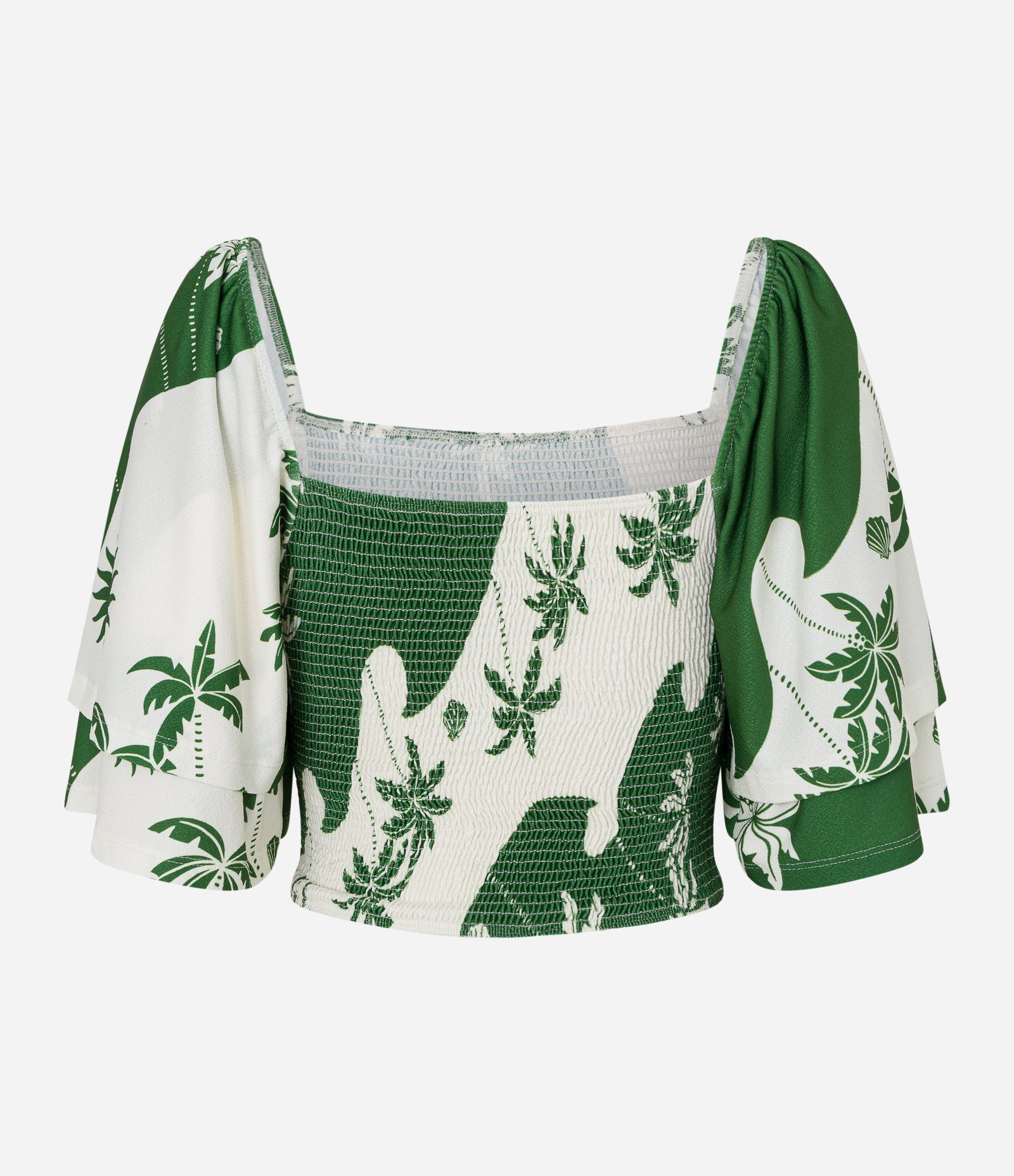 Blusa Cropped Texturizada com Lastex e Estampa Floral Branco/Verde 6