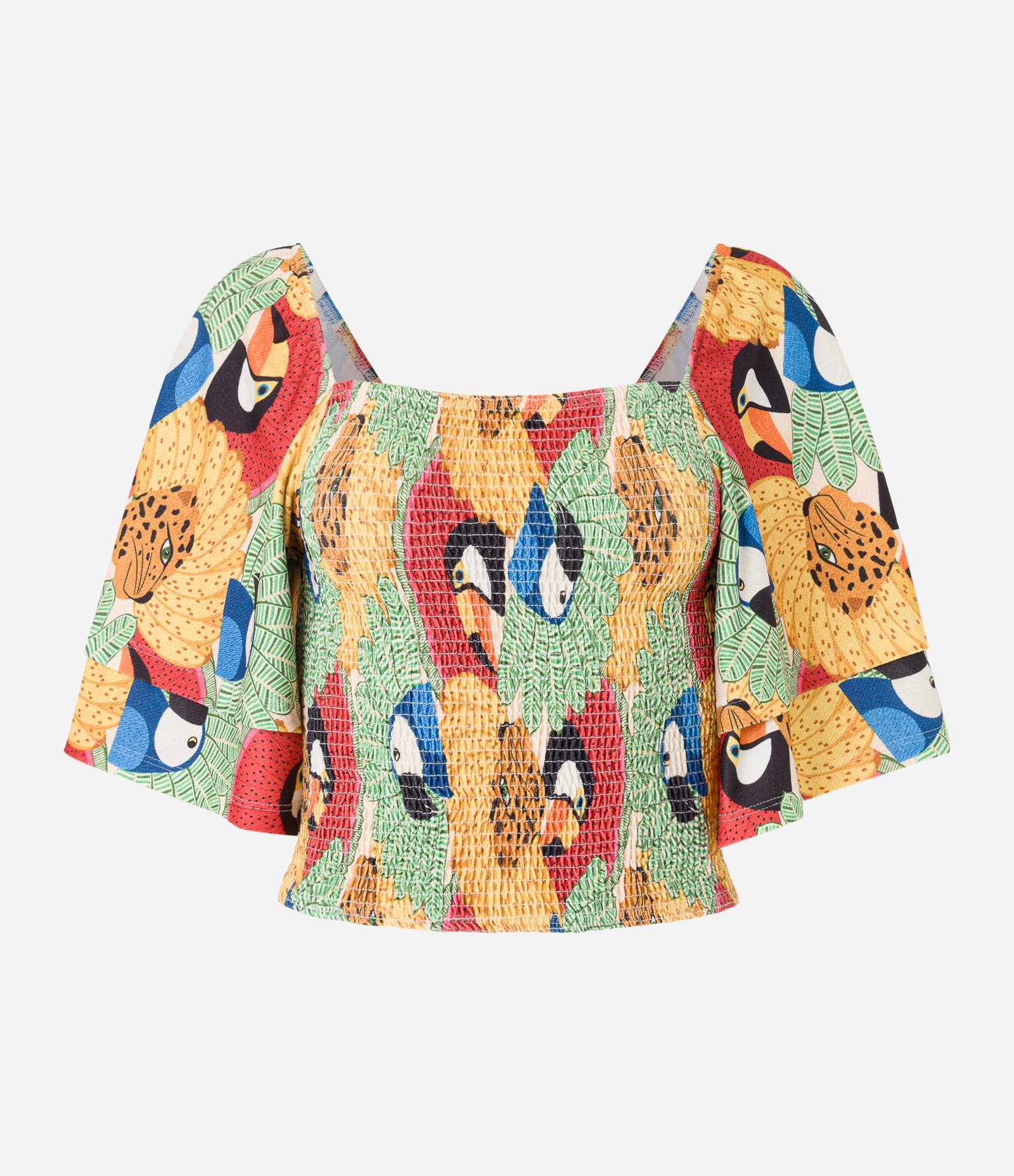 Blusa Cropped Texturizada com Lastex e Estampa Tucanos Multicores 4