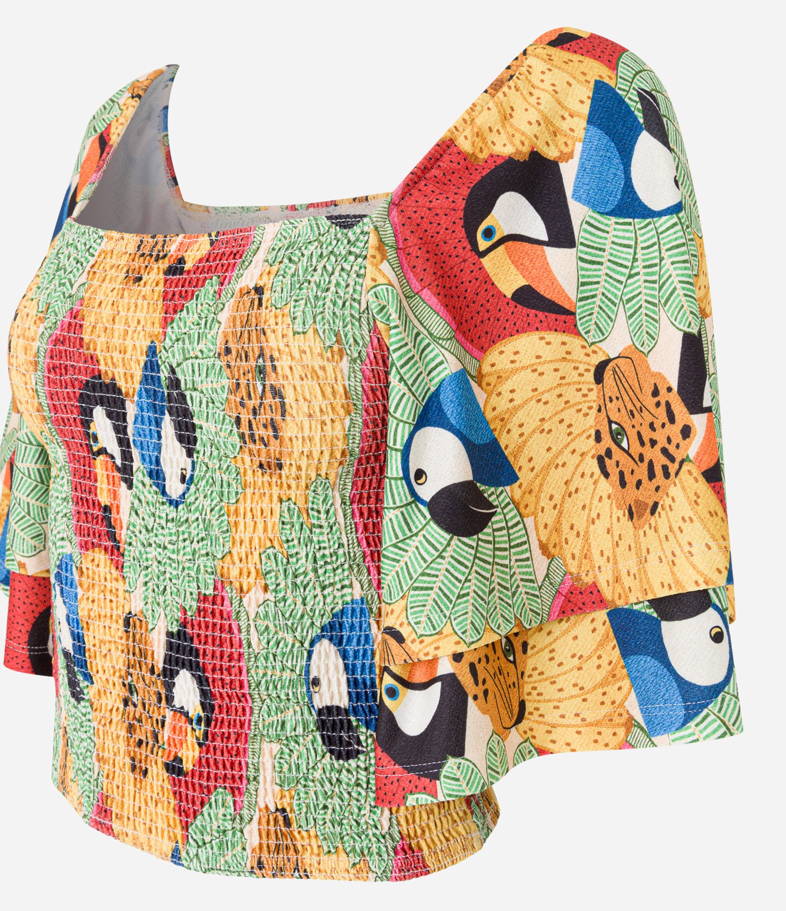 Blusa Cropped Texturizada com Lastex e Estampa Tucanos Multicores 5