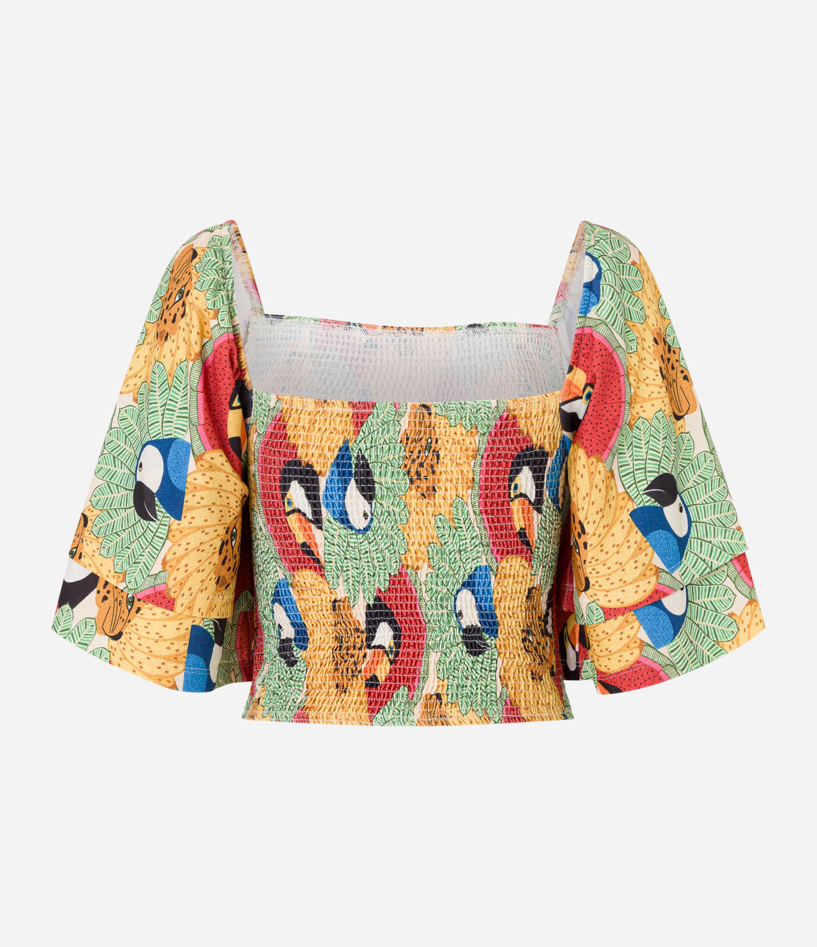 Blusa Cropped Texturizada com Lastex e Estampa Tucanos Multicores 6