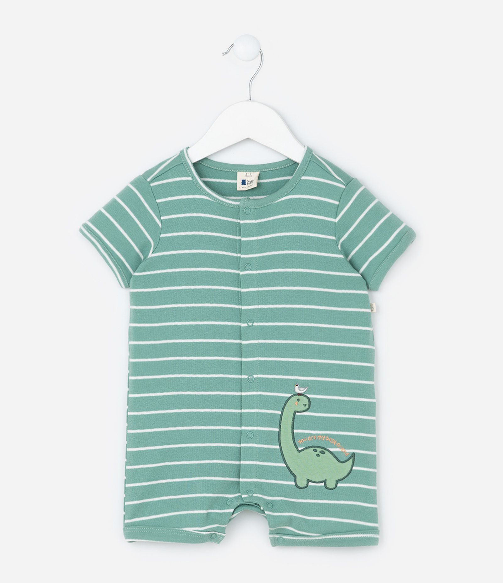 Macaquinho Infantil em  Suedine Listrado com Estampa Bordada de Dinossauro - Tam 0 a 18 Meses Verde 2