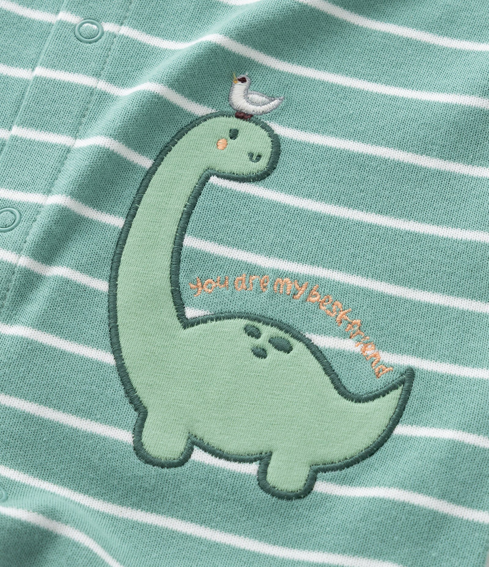 Macaquinho Infantil em  Suedine Listrado com Estampa Bordada de Dinossauro - Tam 0 a 18 Meses Verde 8