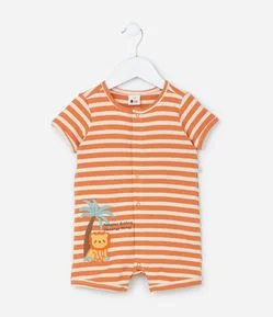 Macaquinho Infantil em Suedine com Estampa de Leãozinho e Listras - Tam 0 a 18 Meses