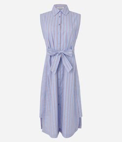 Vestido Chemise Midi em Tricoline Listrado sem Manga