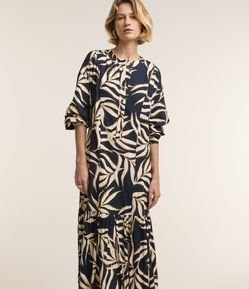 Vestido Chemise Midi em Viscolinho Estampa Folhagem